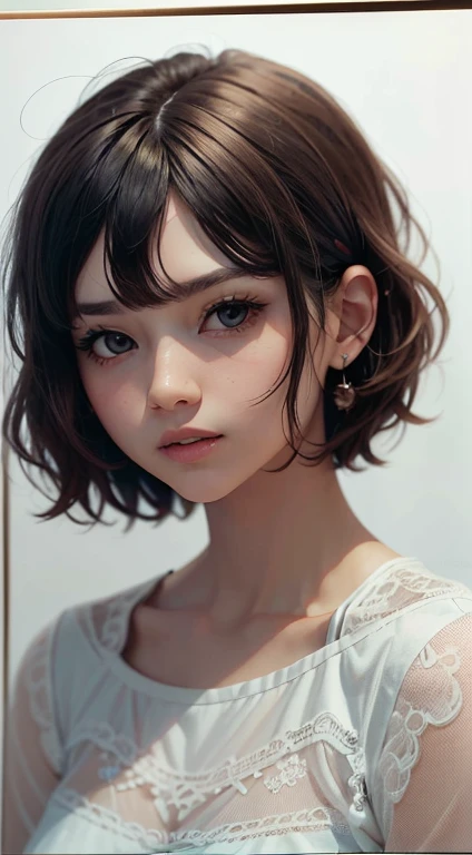 (Masterpiece), (High Quality), (The ultra-detailliert), (Short hair), (Illustration), (1Girl), (Casual outfit), Standing, Model, Looking at the viewer, (photo essay), (blured background), Beautiful detailed eyes, beautiful and delicate face, Black skin, Floating, (Low saturation), (bright), focus on facial expressions, Black hair, Side bangs,  Short-cut hair, neat shirt