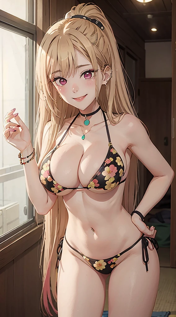 MarinLora, solo, long hair, blush, big smile, blonde hair, large breasts, navel, cleavage, jewelry, swimsuit, bikini, earrings, choker, indoors, bracelet, black bikini, side-tie bikini bottom, halterneck, black choker, piercing, floral print, ear piercing, string bikini, print bikini, (lean forward:1.5), (very wide open chest: 1.3),(((big breasts:1.5))