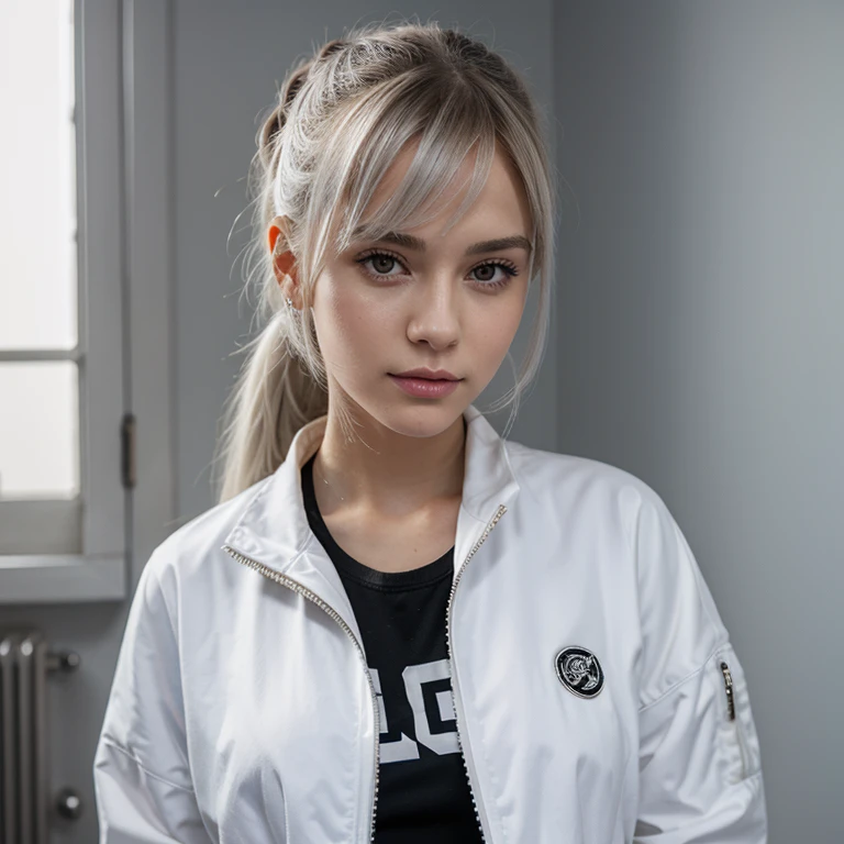 Masterpiece, Best quality,1girll,solo person,White color hair,High ponytail,Silver eyeest quality ,Masterpiece, illustration, An extremely delicate and beautiful, Extremely detailed ,CG ,A shallow smile,chewing gum,cyber punk perssonage,garments:jaket, look at handphone