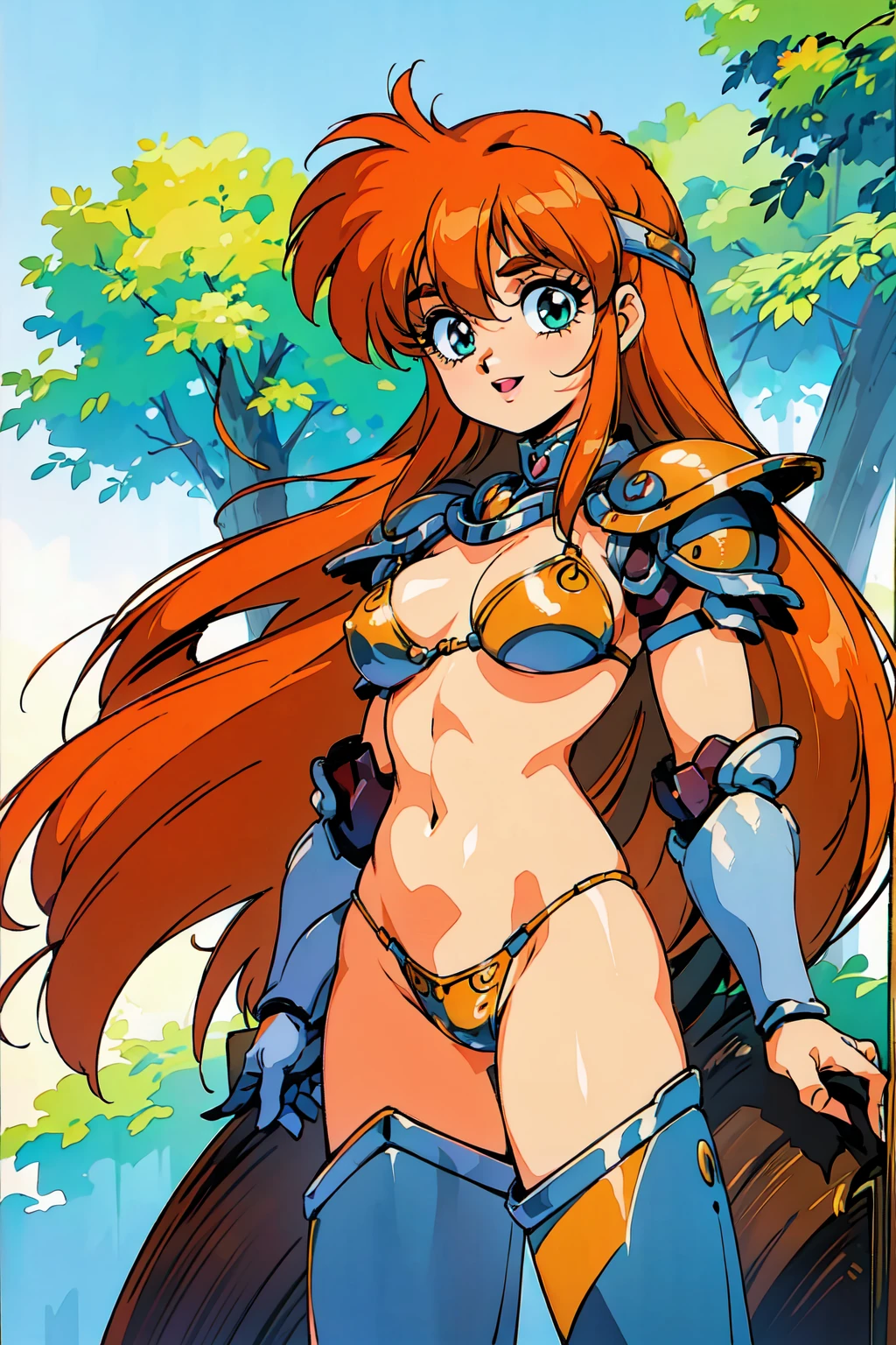 "(masterpiece:1.1), best quality,
1girl, (80s anime style:1.3), (eyelashes:1.5),
(intricate high detailed body:1.2),
(orange hair:1.1), (hair between eyes:1.1), (long hair, straight hair:1.1), (headband:1.1),
green eyes, (lip stick:1.3), (thick eyebrows:1.1),
(dark skin:1.2), (slim body:1.1), (gigantic breasts:1.1),
(happy, smile:1.2), open mouth,
(bikini armor:1.2),
(knight armor, armored boots:1.2), (fur:1.1), (jewelry:1.1), long gloves,
standing, peace sign,
(upper body, cowboy shot, looking at viewer, from front:1.1),
daytime, outdoors"