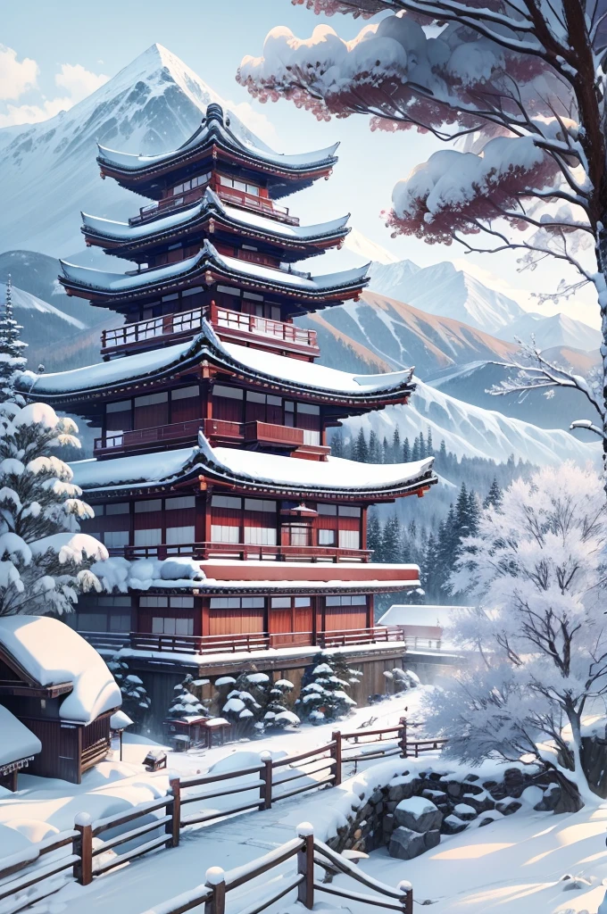 (Best Quality, 8K, masutepiece :1.3), snow mountains, Quiet snow-capped landscape, Breathtaking natural landscapes, Outside, traditional japanese building, quiet mountain resort, A quiet winter wonderland, Snow-covered peaks, Majestic beauty, pristine white snow,