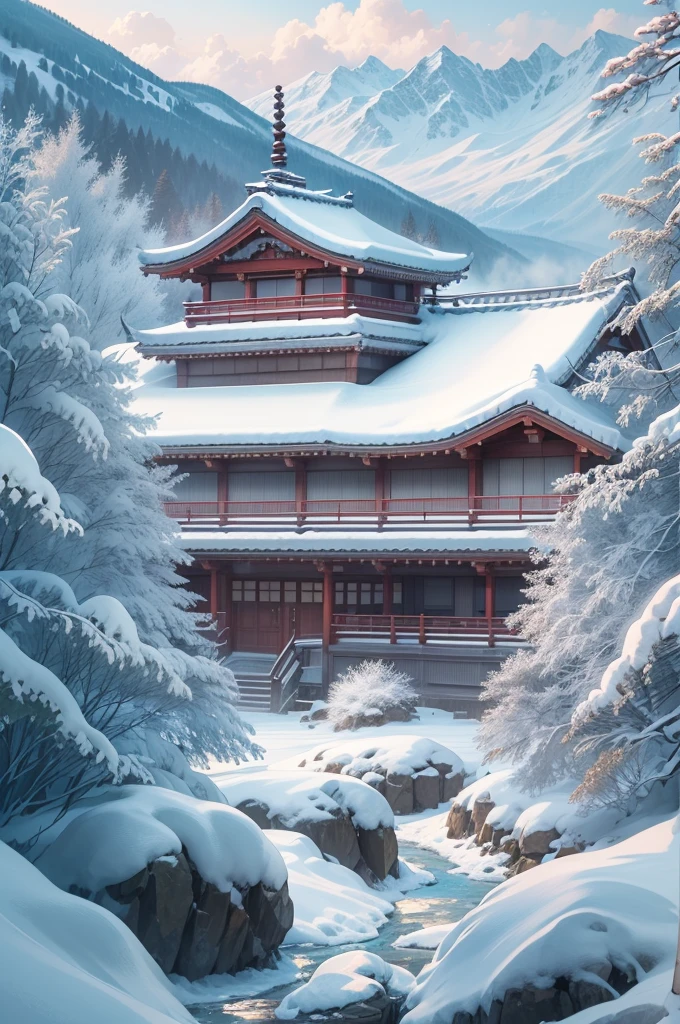 (Best Quality, 8K, masutepiece :1.3), snow mountains, Quiet snow-capped landscape, Breathtaking natural landscapes, Outside, traditional japanese building, quiet mountain resort, A quiet winter wonderland, Snow-covered peaks, Majestic beauty, pristine white snow,