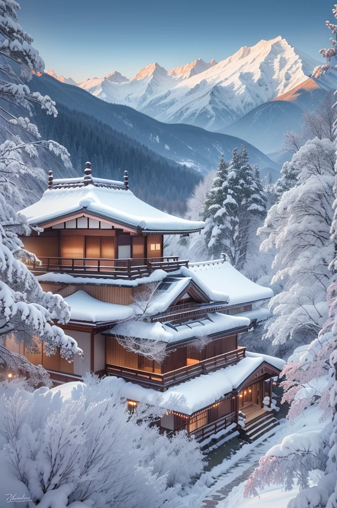 (Best Quality, 8K, masutepiece :1.3), snow mountains, Quiet snow-capped landscape, Breathtaking natural landscapes, Outside, traditional japanese building, quiet mountain resort, A quiet winter wonderland, Snow-covered peaks, Majestic beauty, pristine white snow,