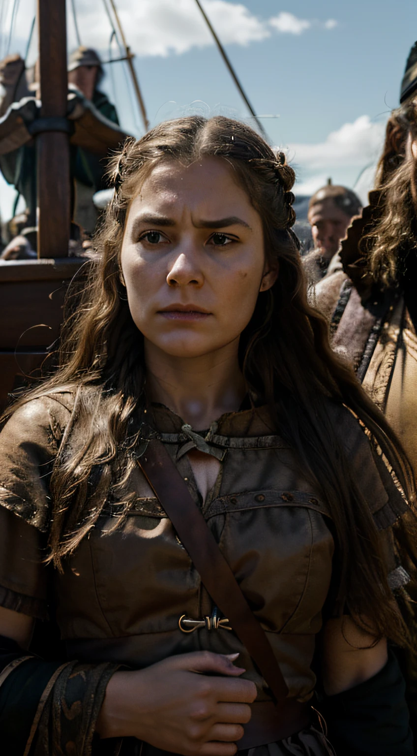 hyper-realistic scene of a Viking slave joining her master on a funeral ship, sadness and resignation in your expression, austeridade do ritual Viking ao redor