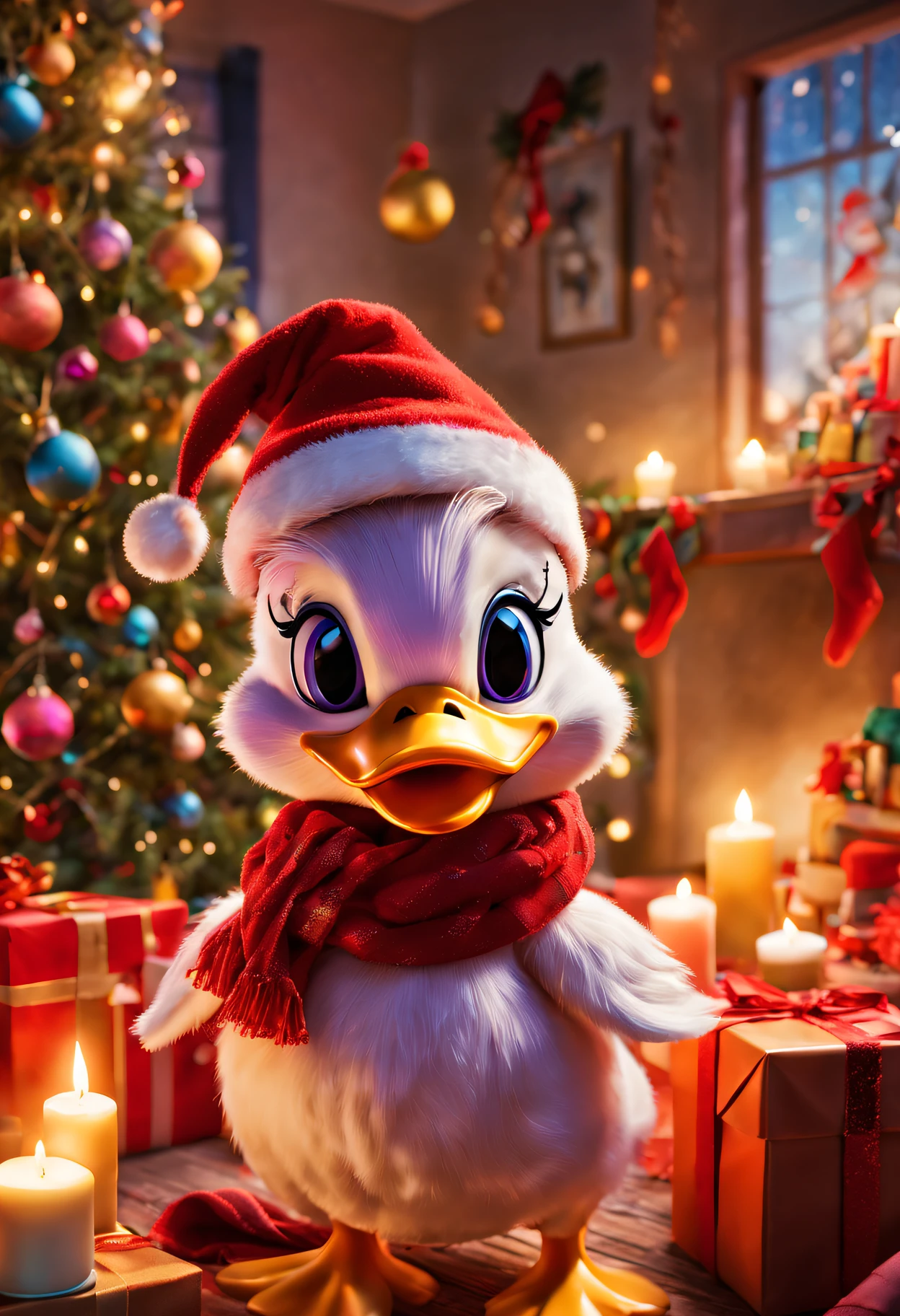 Daisy duck in festival room,It's filled with colorful gifts and a beautifully decorated Christmas tree, Wearing Santa hat and red scarf, Surrounded by warm fairy lights and candles, Using digital illustration as a medium, Vibrant colors and pastel, diffuselighting.
