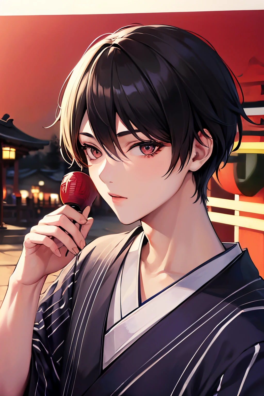 masterpiece, best quality, highly detailed, ultra detail, 4K, 1boy, young boy, solo, male focus, looking at viewer, cold light, pretty face boy, (red_eyes:1.2), (zaffre_eyes_color:1.1), (fluffy_black_short_hair:1.2), (traditional_japanese_yukata_boy_clothes:1.5), (japanese_matsuri_background:1.5)