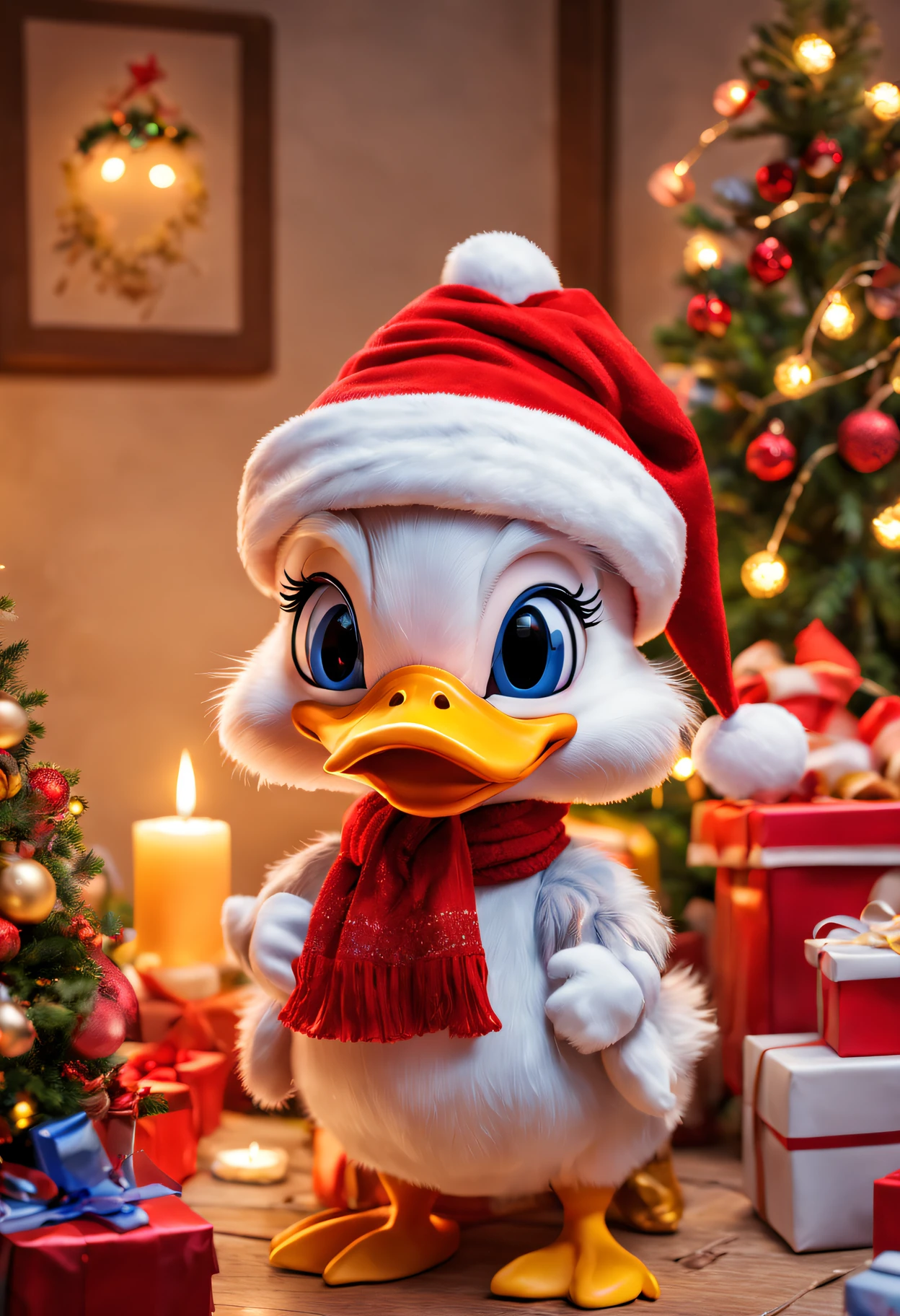 Daisy duck in festival room,It's filled with colorful gifts and a beautifully decorated Christmas tree, Wearing Santa hat and red scarf, Surrounded by warm fairy lights and candles, Using digital illustration as a medium, Vibrant colors and pastel, diffuselighting.