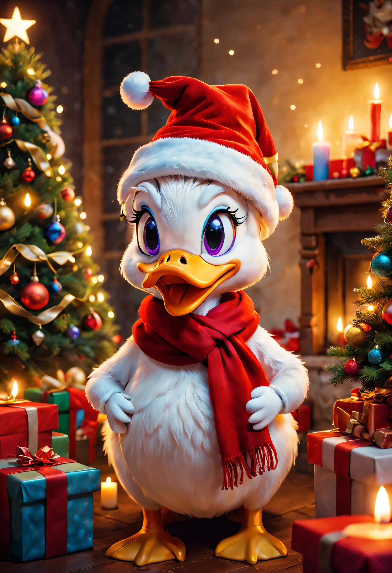 Daisy duck in festival room,It's filled with colorful gifts and a beautifully decorated Christmas tree, Wearing Santa hat and red scarf, Surrounded by warm fairy lights and candles, Using digital illustration as a medium, Vibrant colors and pastel, diffuselighting.