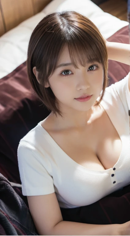 (Photorealistic), (ultra high realistic), (Ultra high definition), (ultra high detailed), (Increase contrast), (Increase saturation), ( extremely beautiful girl), (light skinned)A pretty woman with perfect figure, cute face,, (Lifelike face), Short Bob、Hair hanging over the ears, Realistic eyes, natural make up、beautiful detail, (real looking skin), Beautiful skins, enticing, The ultra -The high-definition, A hyper-realistic, Realistic, Very detailed,, bangss), (White V-neck T-shirt and knee-high boots、japanese cute idol, Tartan check、I can see the cleavage)((very short miniskirt)) Brown hair,Dark bedroom、bet、((Lying down))Beautiful valley、beutiful breast、thin-waist、big butts、