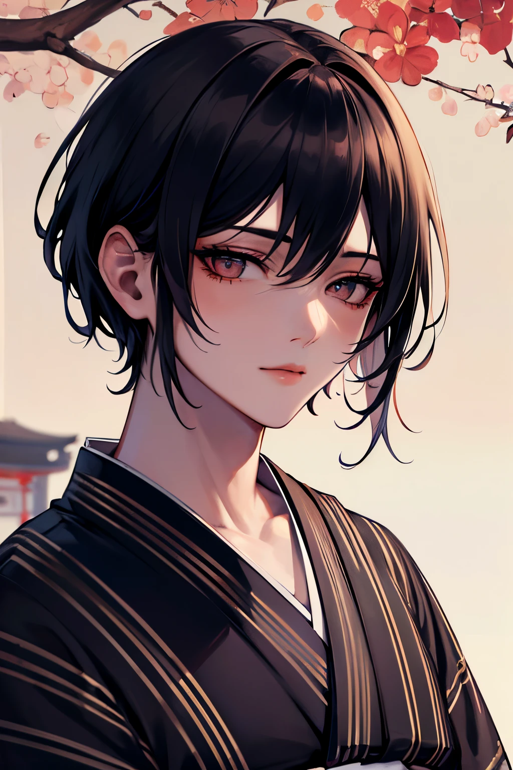 masterpiece, best quality, highly detailed, ultra detail, 4K, 1boy, young boy, solo, male focus, looking at viewer, cold light, pretty face boy, (red_eyes:1.2), (zaffre_eyes_color:1.1), (fluffy_black_short_hair:1.2), (traditional_japanese_yukata_boy_clothes:1.5), (japanese_matsuri_background:1.5)