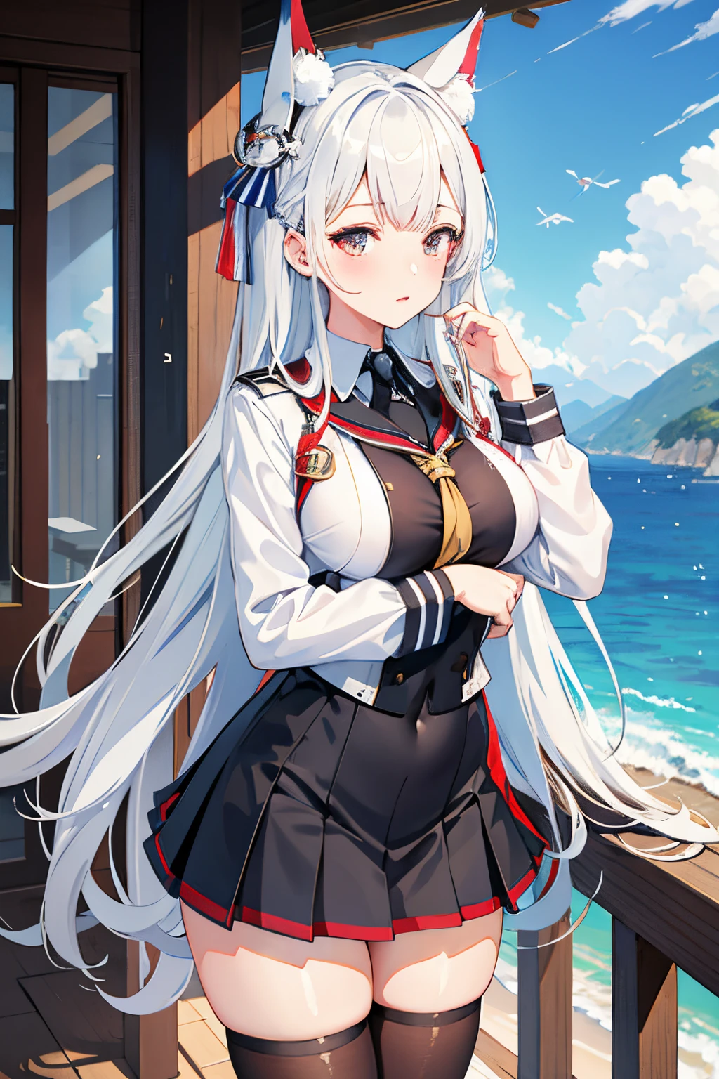 nagara(azur lane),(origen),school_uniform,1girl,solo,outdoors, looking at viewer,, ,masterpiece, best quality, ultra-detailed, illustration,