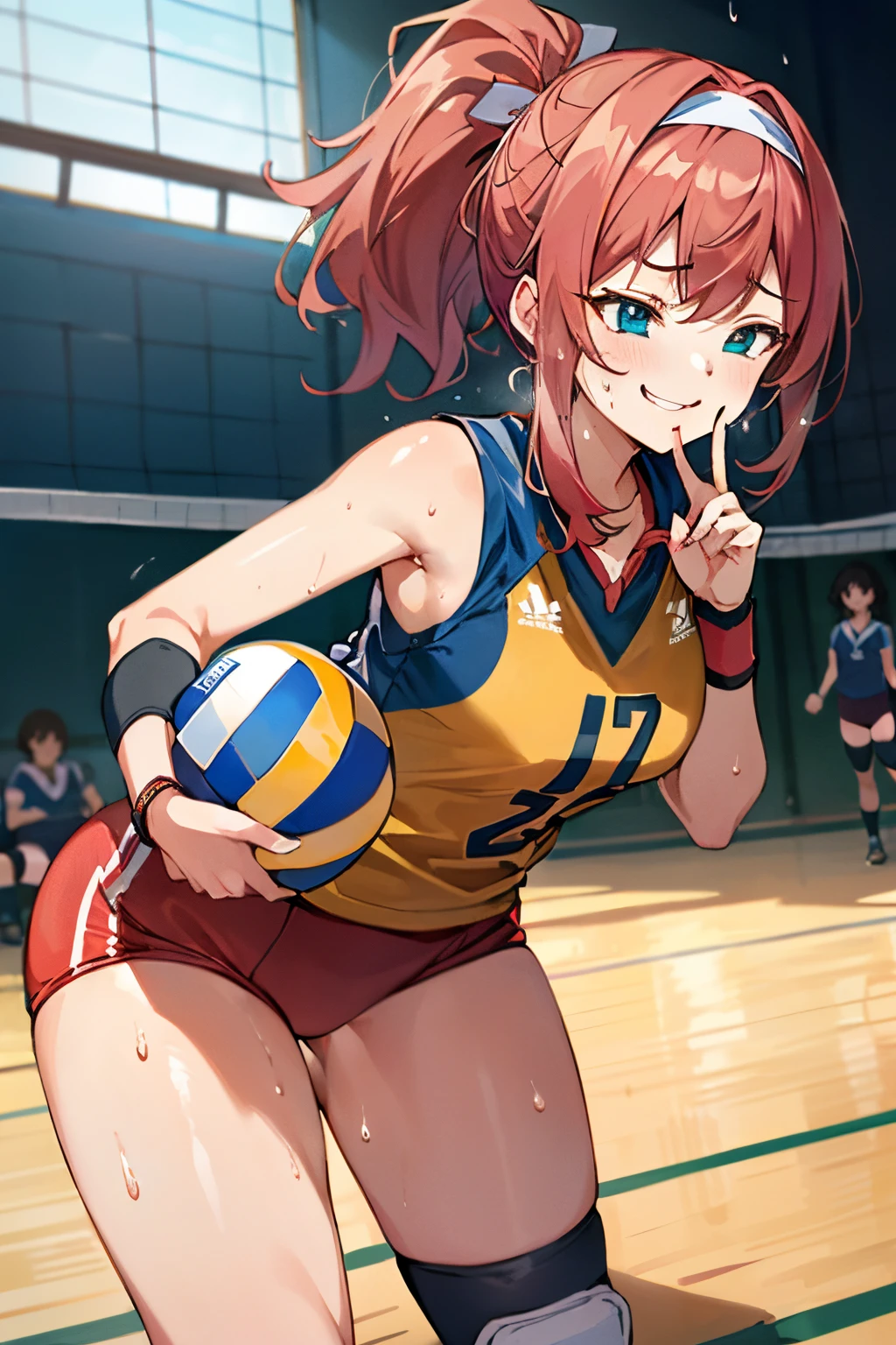unity 8k wallpaper, anatomically correct, (((masterpiece))), (((best quality))), (((ultra detailed))), (((high-resolution))), ((super fine illustration)), ((Ultimate cutie)), ((detailed beautiful face)), ((perfect hands)), ((perfect finger)), (((good anatomy))), Solo, One girl, , (potbelly), (Curve), medium breasts, ((thick thighs)), Shiny hair, ((evil smile)), (smirk), (blush)), BREAK, Adidas, (((Buruma))), (Sleeveless Volleyball Uniforms), head band, ((wristbands)), ((Kneepads)), BREAK, ((Hold a beautiful spherical 6-inch volleyball with both hands)), (slouching forward), ((Sweat)), (perspired), (Heavy breathing), Sense of depth, in gymnasium, Lighting, (Looking down), cowboy shot
