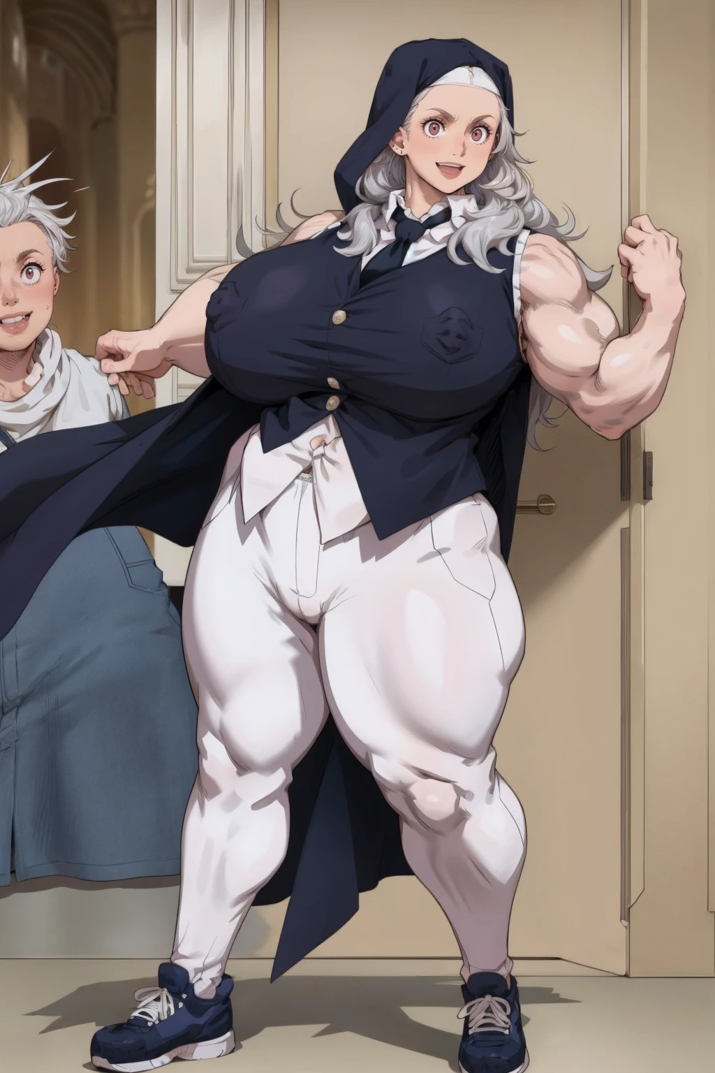 noi, nun, big breast,white boots, pants,cloak, musclegirl, standing,, smile, long hair, catedral, vest, portrait, full body,