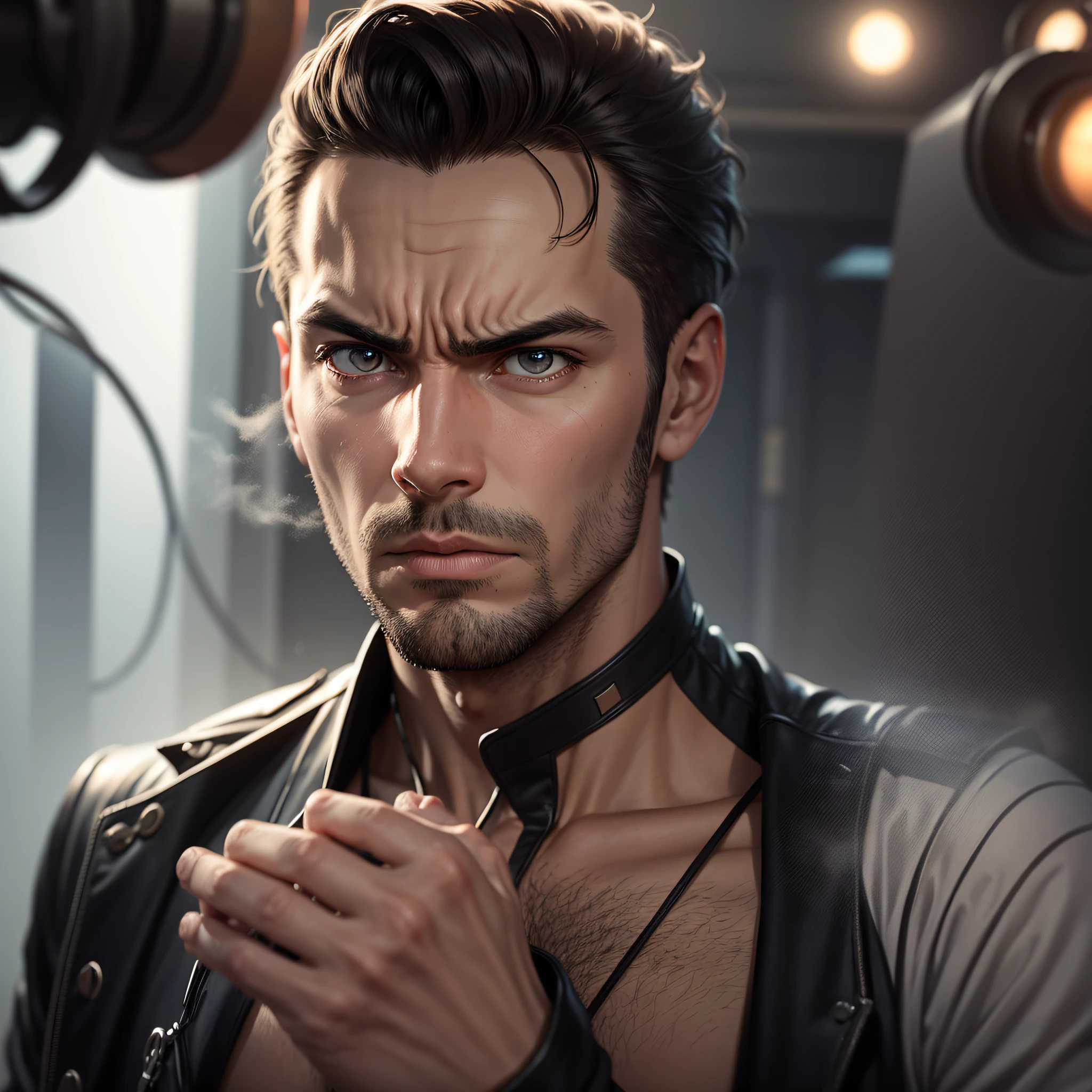 create same image male , realistic angry expression serious look same hair