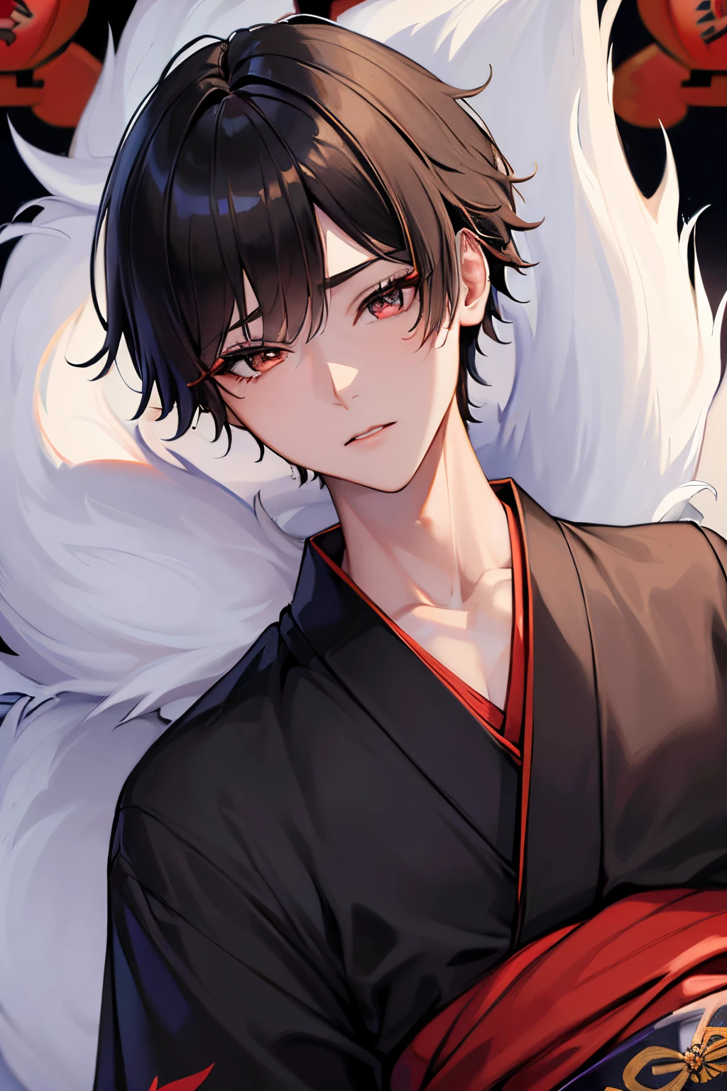 masterpiece, best quality, highly detailed, ultra detail, 4K, 1boy, young boy, solo, male focus, looking at viewer, cold light, pretty face boy, (red_eyes:1.2), (zaffre_eyes_color:1.1), (fluffy_black_short_hair:1.2), (traditional_japanese_yukata_clothes:1.5), (japanese_festival_background:1.5)