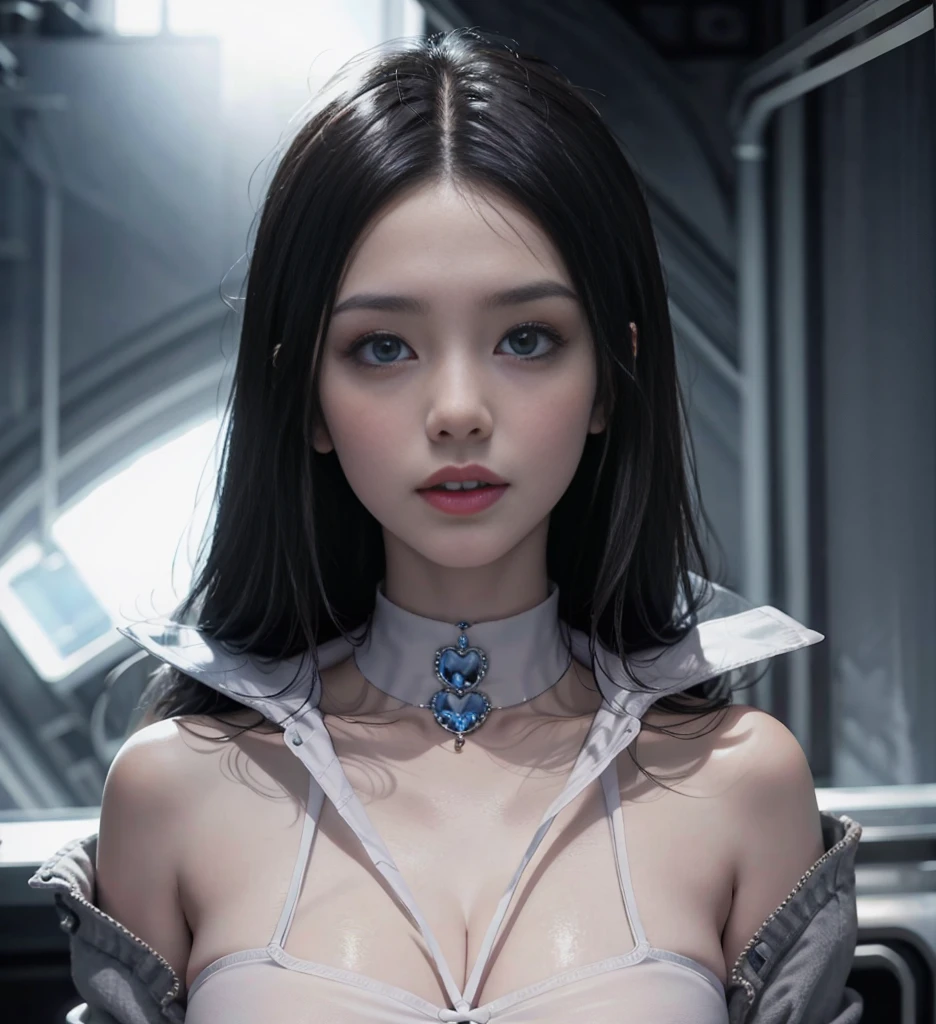 orange long hair,Nice face,choker necklace,Heterochromatic pupil,Gini Coefficient,fully body photo,Big-breasted girl,Cardigan shirt