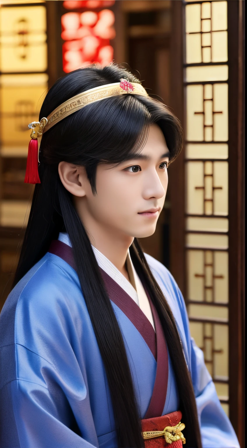 hyper HD，two-dimensional style，classic chinese men，Long Black Hair，big eyes are dark and bright，Wearing beautiful Hanfu，Face forward，Wear a gorgeous blonde hair ornament on your head，Height 195cm，Handsome and convincing。