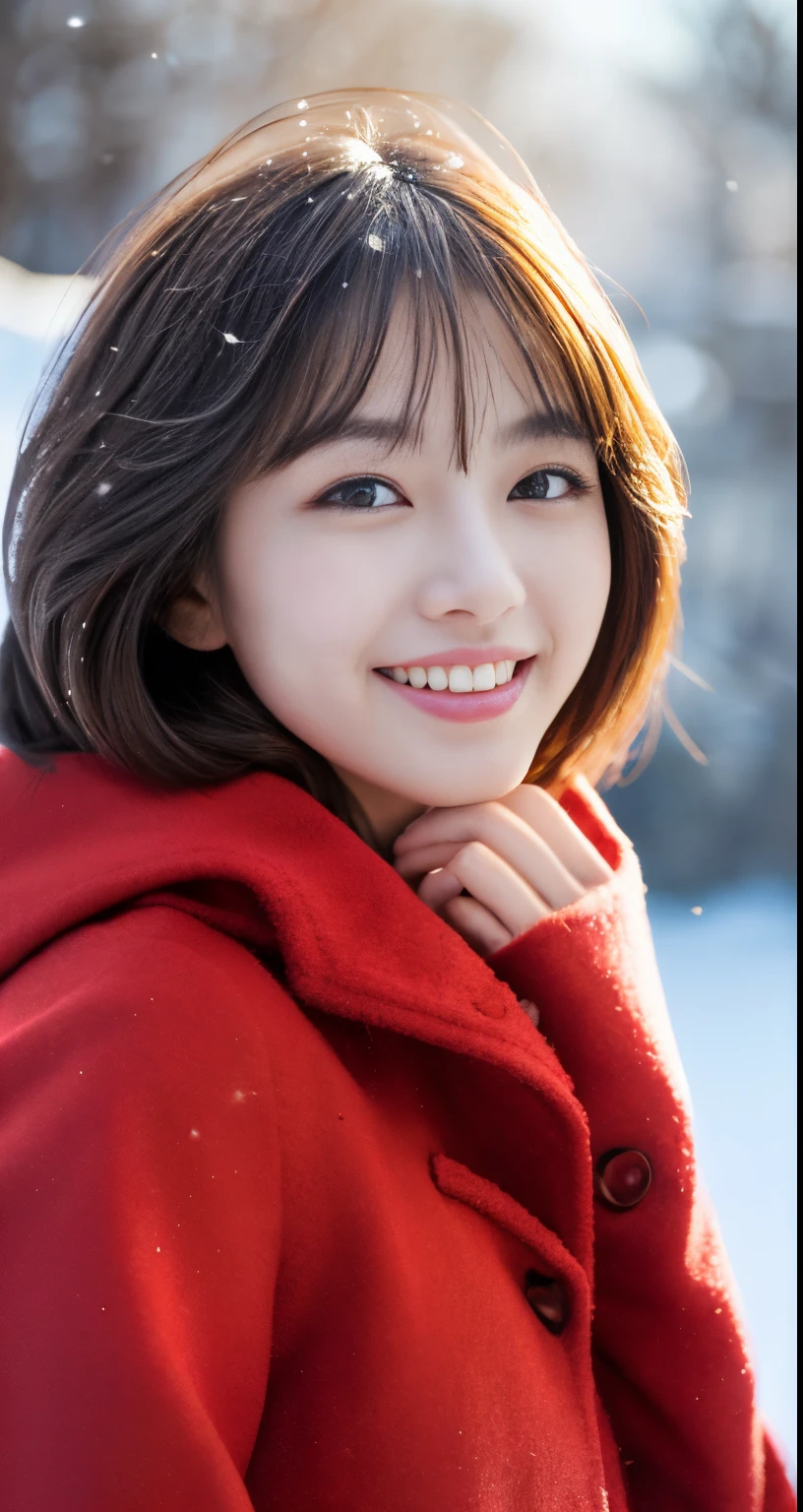 ((( masterpiece ))), (((best quality))), ((ultra-detailed)), (photo), ((an extremely delicate and beautiful)),high resolution, 1girl, 25 years old, japanese beautiful girl, (small breasts), ((plump full lips)), (wavy hair),(short hair), ((one smale mole under the eyes)), (detailed eyes),(detailed facial features), (detailed arms),(detailed fingers),(detailed legull body))) , snowscape, ((smile)),(((red coat))), ((film grain)), ((single-lens reflex camera)), ((35mm lens focal length))