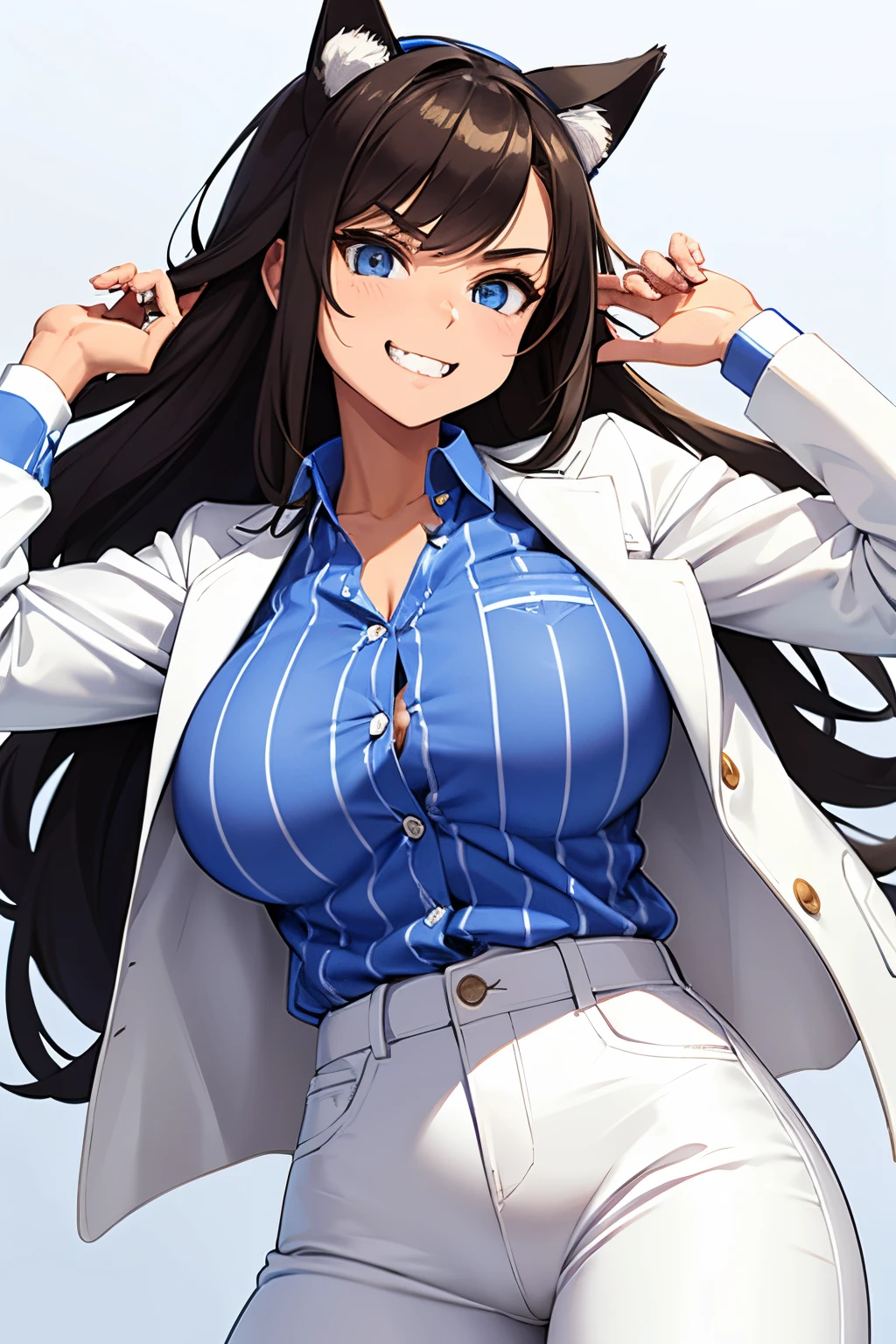 girl with cat ears, tomboyish, fierce smile, brunette, wearing a blue and white striped button up shirt with a white jacket and tight white pants, showing her big breasts