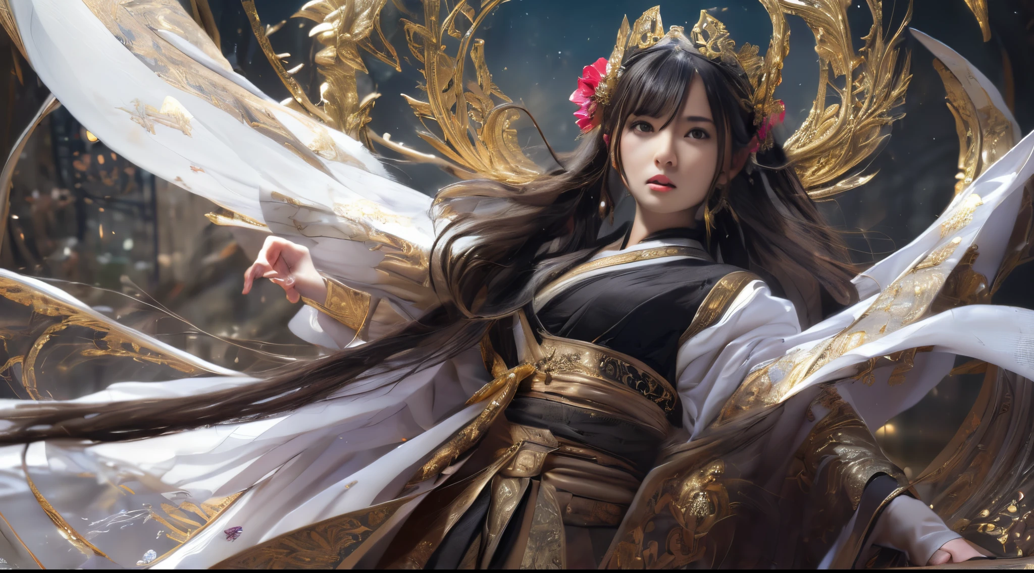girl in a white dress with a long flowing dress, onmyoji detailed art, onmyoji, goddess, fantasy illustration, a beautiful fantasy empress, onmyoji portrait, ((a beautiful fantasy empreseautiful celestial mage, fantasy artwork, flowing hair and long robes, albedo from the anime overlord, queen and ruler of the universe, (gigantic breasts:1.1),