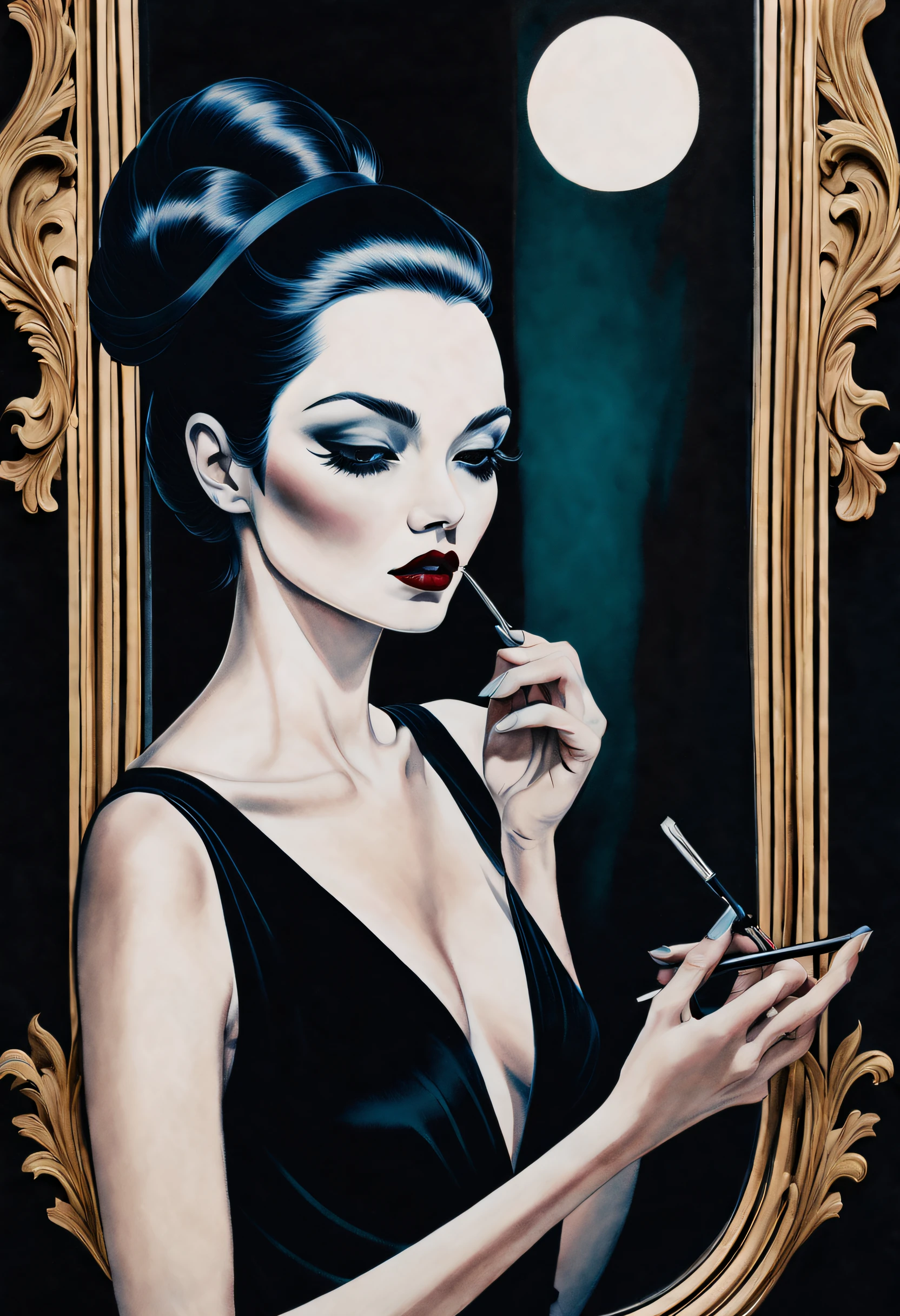 chiaroscuro technique on illustration of an elegant woman, vintage bad girl, looking in mirror, eerie, matte painting, by Hannah Dale, by Harumi Hironaka, extremely soft colors, vibrant, highly detailed, digital artwork, high contrast, dramatic, refined, tonal,