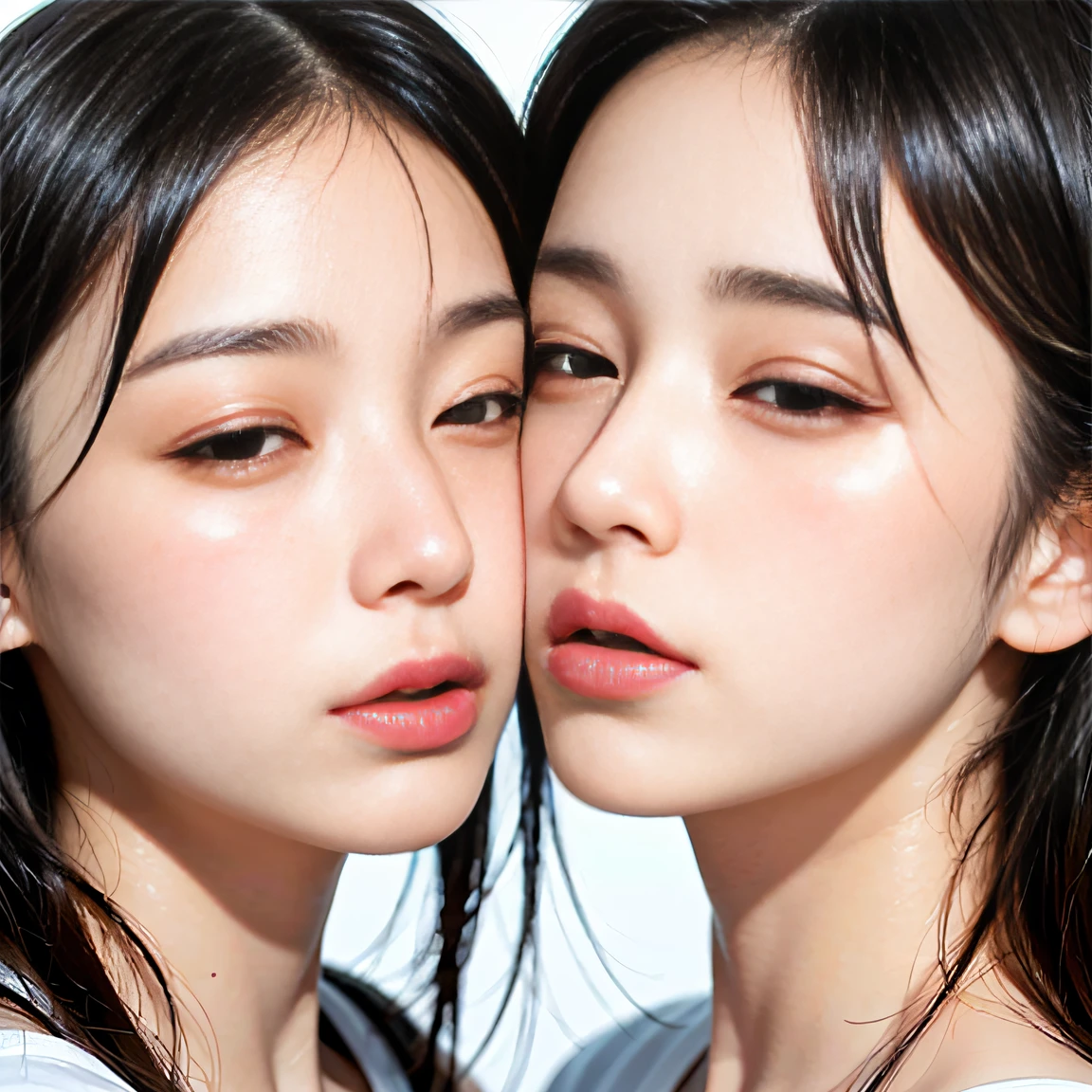 masterpiece, top-quality, Hi-Res,((( 2girls))), ((Yuri)), (A round-faced Japanese girl and a long-faced half-European girl:1.8), ((the kiss:1.4)), (French Kissing), (closed her eyes:1.5), (pink brassiere)、Light Blue Bra、(Whitening skin)、long eyelashes、narrow eyes with double eyelids)、Accurate drawing、Elaborate illustrations、Detailed drawing、Anatomy of the human body、Perfect picture、Perfect Beautiful Girl、high-class sense、 (portrait of two people:1.8), (facial close-up:1.8)