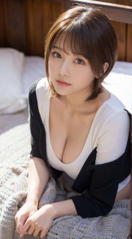 (Photorealistic), (ultra high realistic), (Ultra high definition), (ultra high detailed), (Increase contrast), (Increase saturation), ( extremely beautiful girl), (light skinned)A pretty woman with perfect figure, cute face,, (Lifelike face), Short Bob、Hair hanging over the ears, Realistic eyes, natural make up、beautiful detail, (real looking skin), Beautiful skins, enticing, The ultra -The high-definition, A hyper-realistic, Realistic, Very detailed,, bangss), (White V-neck T-shirt and knee-high boots、japanese cute idol, Tartan check、I can see the cleavage)((very short miniskirt)) Brown hair,black wall bedroom、No windows、bet、((Lying down))Beautiful valley、beutiful breast、thin-waist、big butts、Shot from directly above