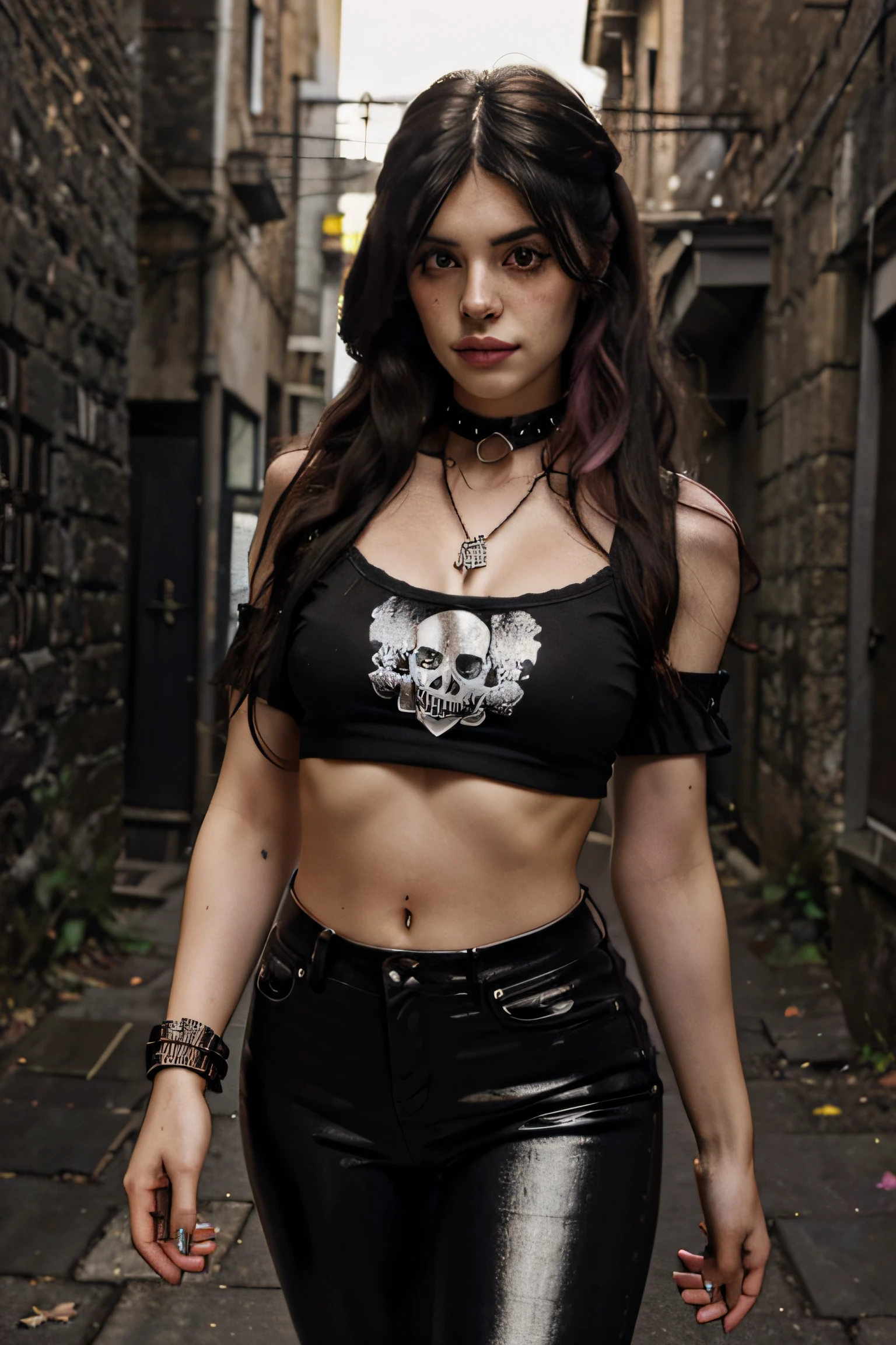 1 woman, ((long black hair with pink details in the hair)), wearing a choker, gothic art, many details, wears bright lipstick, ultra realistic image, dark hair bangs, beautiful appearance, naughty gothic girl charlotte, photo of the upper body, ((the woman is wearing a tight-fitting t-shirt with a skull print)),
  ((she is wearing tight black pants and black high-heeled shoes with metallic details)), ((she is wearing a metal necklace with a figure of a skull)), ((on her wrist she has a bracelet of barbed metal)), ((on each of her fingers she wears a metal ring)), ((her physical build is thin with prominent bones)), ((her easy expression is that of a serious woman) ), (HDR: 1.5), detailed, muted colors, frecklesQuality top, (bright lighting: 0.7), masterpiece, Wide angle shot, RAW photo, ((a dark alley is seen in the background))