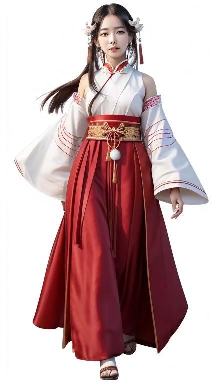 a woman in a red and white dress is walking, white hanfu, full body xianxia, wearing ancient chinese clothes, full body wuxia, inspired by Du Qiong, palace ， a girl in hanfu, hanfu, with acient chinese clothes, dressed with long fluent clothes, beautiful render of tang dynasty, flowing magical robe, chinese costume, realistic, shoulders are covered by the dress, wearing high heel shoes