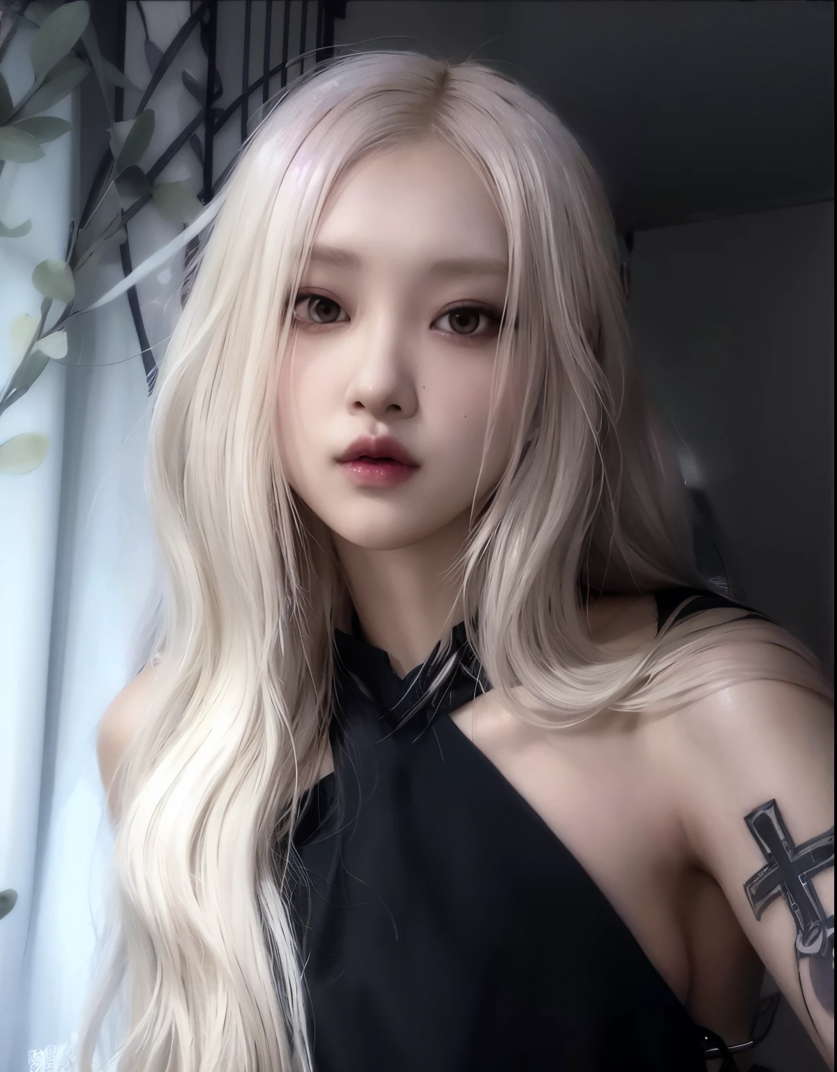 blond woman with long hair and cross tattoo on her arm, portrait of jossi of blackpink, roseanne park of blackpink, with long blond hair, pale porcelain white skin, with white long hair, with long white hair, extremely pale blond hair, pale hair, cruel korean goth girl, beautiful south korean woman, ig model | artgerm, korean girl