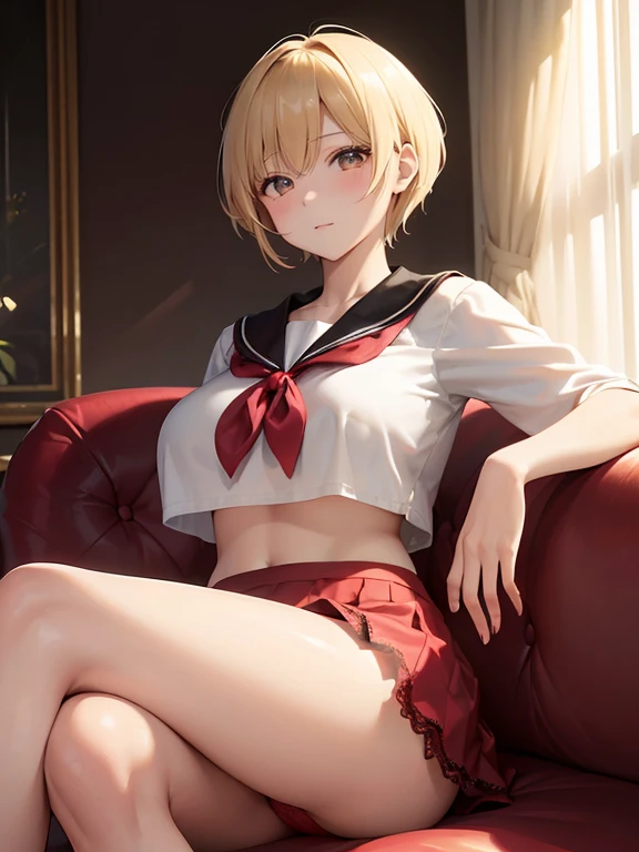 (top-quality,High resolution,(Ultra high definition,4K), (超A high resolution,in 8K),masutepiece:1.2), (Perfect Anatomy,Anatomically accurate), (Angle from below), (Soft lighting, rendered), (1 Cute High  Girl), ((Sitting on a sofa in the lobby of a luxury hotel,itting open legs)), ((Girls' High School Sailor Uniform)), (Red lace panties), (fascinated expression), (Crisp double eyelids), (Large breasts:1.3), (Soft skin), (Photorealistic), (Glowing skin), (blondehair), (Pixie Cut)