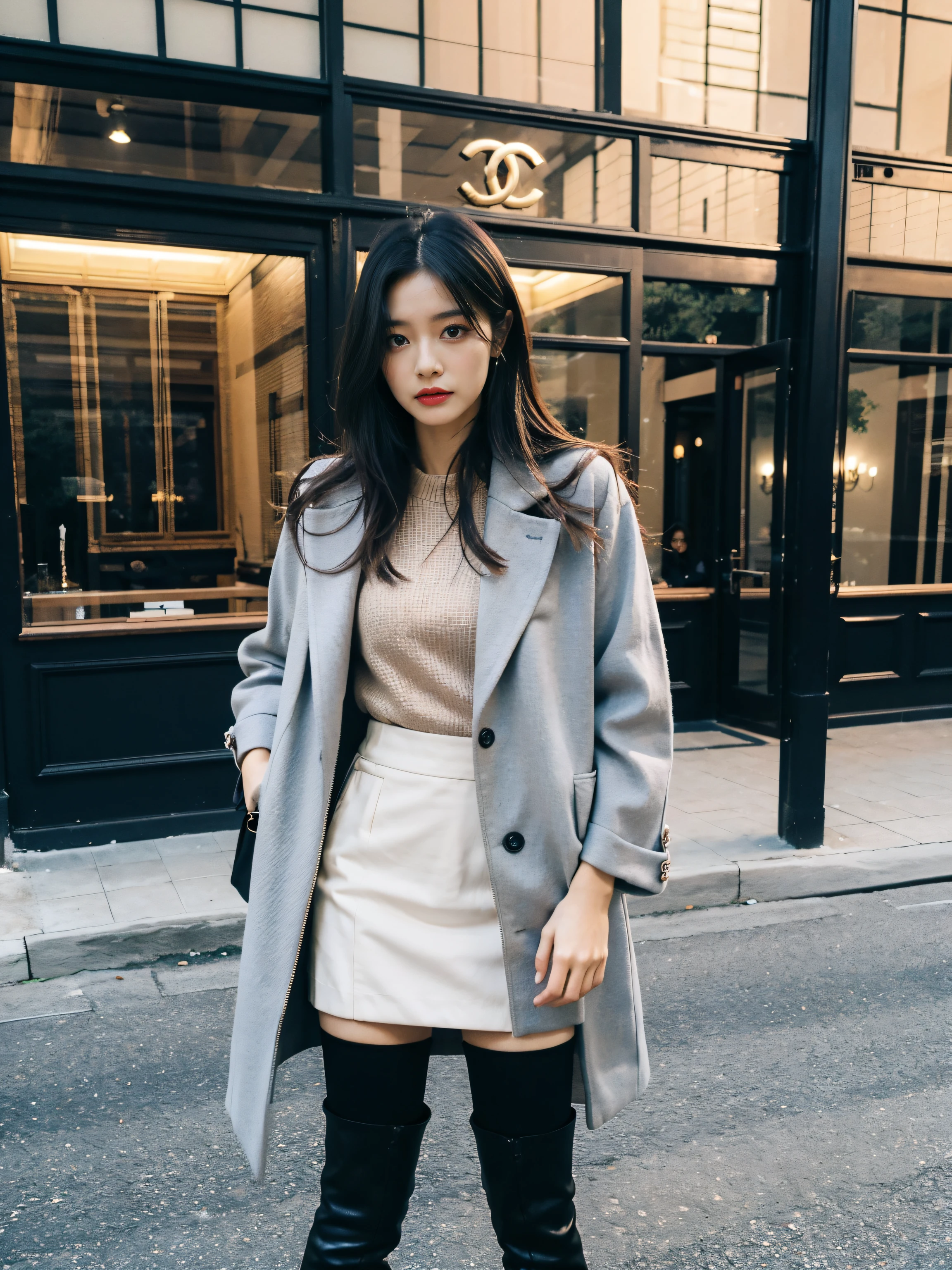 Best quality at best,tmasterpiece,超高分辨率,(actual:1.4),RAW photogr,hyper HD，8K，There is one girl，Stylish clothes,Chanel style，Stylish skinny suit, wearing jacket and skirt,high-class fashion，ellegance, short skirt and a long jacket, tigh-high boots，Over-the-knee boots，Casual pose，legs long