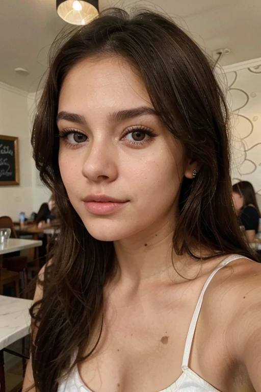 Photo of a 20 year old brunette woman., que tiene una cara muy natural, labios finos, Ojos delgados, cejas finas, nariz delgada, Pendientes, long eyeslashes. She takes a cute selfie in a cafe.