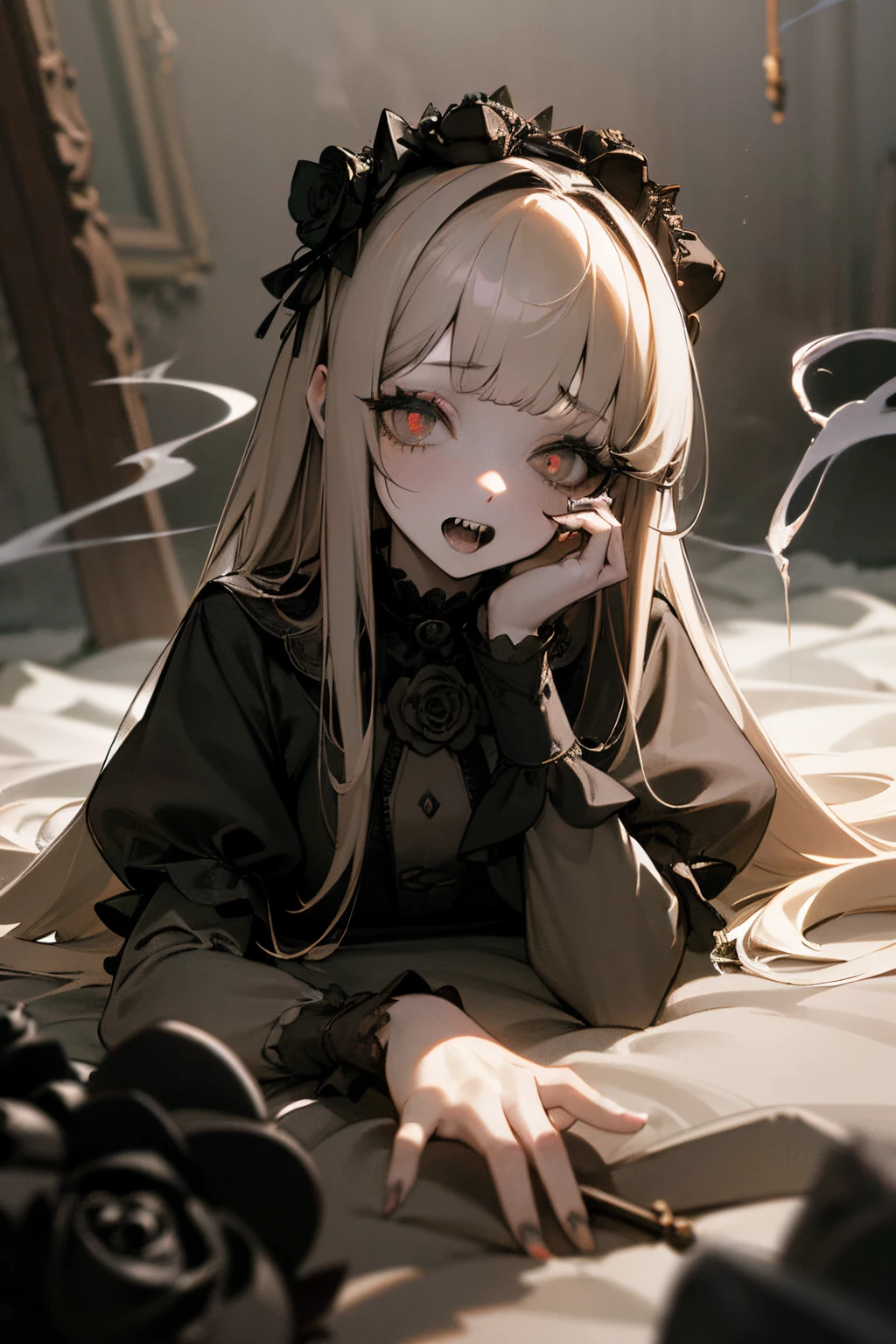 ((Masterpiece)), 1girl, girl, blunt bangs, feminine, pale brown hair, silky straight hair, muted colors, monochrome, pale skin, ((makeup goth)), cute, lipstick, night, ((Black roses on head)), ((smoke)), (blowing smoke), indoors, Hair over eyes, 3d, (bell), (((more bugs))), scenery, (cracked skin), glowing, fractured skin, antique doll style, dark white, (hollow eyes), (sharp teeth, open mouth wide), sitting, Weirdcore, ruins