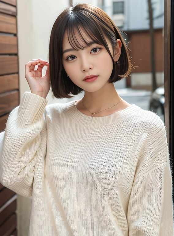 White knitted sweater、short-cut、white backgrounid