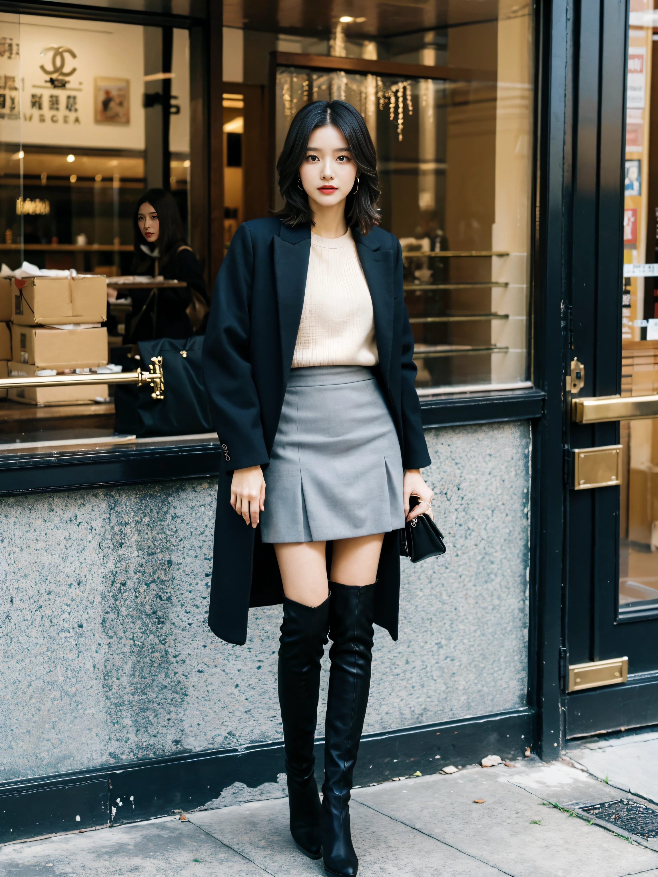 Best quality at best,tmasterpiece,超高分辨率,(actual:1.4),RAW photogr,hyper HD，8K，There is one girl，Stylish clothes,Chanel style，Stylish skinny suit, wearing jacket and skirt,high-class fashion，ellegance, short skirt and a long jacket, tigh-high boots，Over-the-knee boots，Casual pose，legs long