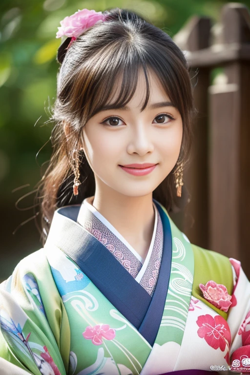 (8K、Raw photography、top-quality、masterpiece:1.2)、ultra-detailliert、超A high resolution、(realisitic、photoRealstic:1.37)、portlate、High-detail RAW color photos、professional photograpy、extremely delicate and beautiful、A highly detailed、 8K Wallpaper Gunifica、finely detail、huge filesize、Official art、Highly detailed CG Unity 8K wallpapers、komono、女の子1人、(18year old:1.2)、10 generations、 s、Beautiful、(small tits:1.2)、Realistic body、小柄、fair white skin、shinny skin、slenderbody、well-styled、A dark-haired、half up、a smile、kawaii、年轻、kawaii faces、Lifelike face、Beautiful eyes、Sauce order、(Kimono:1.4)、Dense embroidery、(natta:1.4)、A Japanese style、