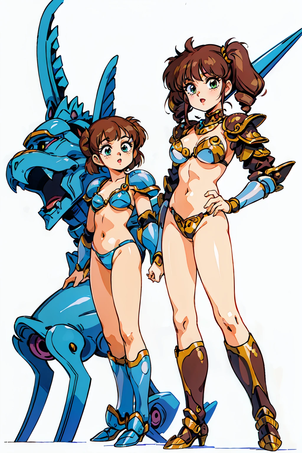 "(masterpiece:1.1), best quality,
1girl, (80s anime style:1.3), (eyelashes:1.5),
(intricate high detailed body:1.2),
(brown hair:1.1), (bangs:1.1), (twintails, drill hair:1.2), (hair ornament:1.1),
green eyes, (lip stick:1.3),
(gigantic breasts:1.1),
(expressionless:1.2), open mouth,
(bikini armor:1.2),
(knight armor, armored boots:1.2), (streaked hair:1.2), sleeve,
standing, hand on hip,
(dynamic pose:1.1), (full body, looking at viewer, from front:1.1),
(simple white background:1.2)"