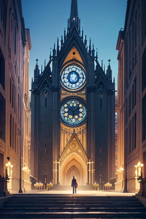 The prompt for the given theme would be:

"a grand cathedral with a prominent clock(complete with intricate details), cathedral background, church background, anime background, anime scene, grand cathedral, cathedral background!, anime background art, anime landscape, gothic cathedral background, beautiful anime scenery, peaceful anime scene, white cathedral background, beautiful anime scene, today's recommended anime is still, grand cathedral!!!!!, temple background"