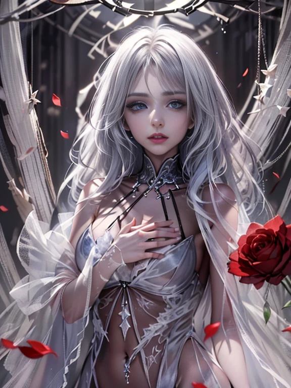 weddingdress、Young children、１２age、Balance the eyes、and blemish-free skin、upper body closeup、Vampires、russian vampire、Black and white、sluttish,barechested.Symetrical, artistic, close up, all her clothes are torn、  Yin, eyes focus, , Exposed skin, Exposed body parts, rag, costum, Broken mirror，Split black and white，Scattered rose petals，with sublevel rack，Eroded by darkness and light，Dynamic Poses、Symetrical、}}}}, {{{Hyper Detailed}}}, {{{hight resolution}}}, {{Good anatomy}}, (((Best Quality))), ((Very delicately beautiful)), {{Very meticulous、Delicate}}, {8k cg wallpaper}, {{illustratio}}, (color background grayscale:1.1), Ray traching, Background bokeh,  1girl in , Solo, Hu Tao(GenshinImpact), boo tao, blanche、sluttish,barechested.Symetrical, artistic, close up, all her clothes are torn, burst,, , Exposed skin,, , Broken mirror，Split black and white，red tear rack and white paint，Broken，with sublevel rack，Eroded by darkness and light，Symetrical