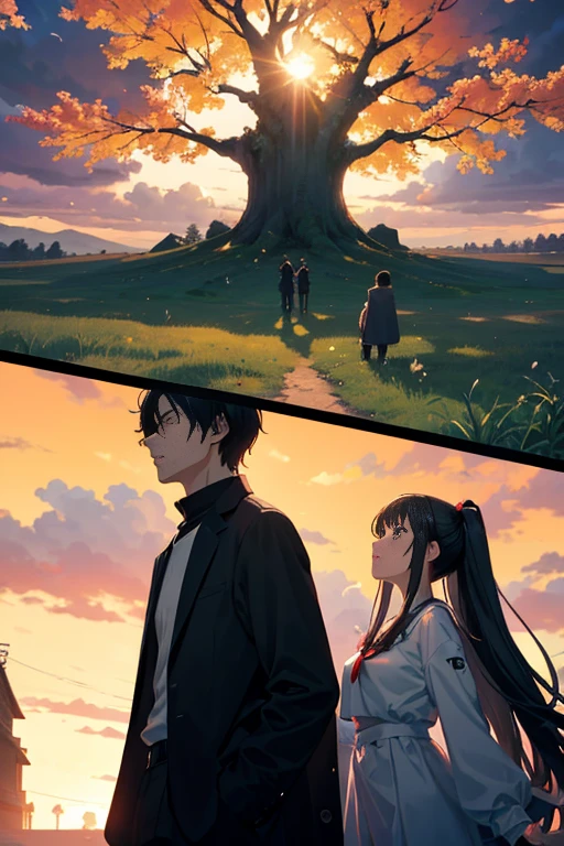 Anime scene of a man and a woman standing in front of the stage, A big tree stood upside down on her head, Today’s recommended anime is still, Ominous figures appear in the background, Crazy girl summons her death, in an anime masterpiece, anime scene, in the anime film, Screenshot of the 2012 animation, Ancient magicians, screenshot from the anime film