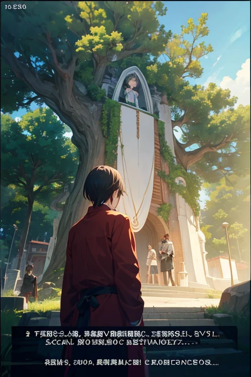 Anime scene of a man and a woman standing in front of the stage, A big tree stood upside down on her head, Today’s recommended anime is still, Ominous figures appear in the background, Crazy girl summons her death, in an anime masterpiece, anime scene, in the anime film, Screenshot of the 2012 animation, Ancient magicians, screenshot from the anime film