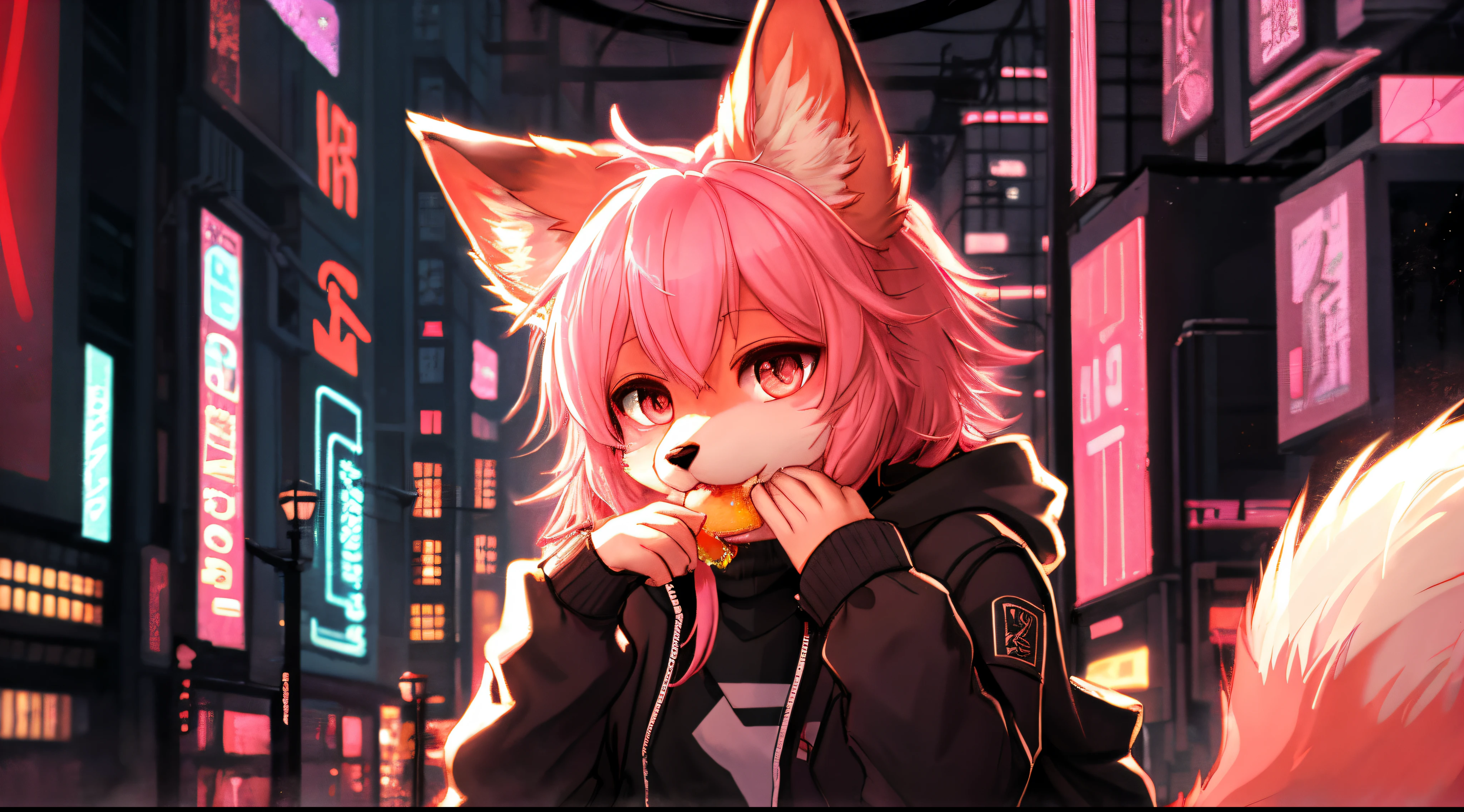 Cyberpunk pink fox in casual clothes eats cute face, fluffy ears, furry tail, Beautiful light and shadow bust, Highest quality fine lines and refined facial features, Good ambient light, Ultra-fine fur、Volumetric light is very detailed,Finest quality furry art
