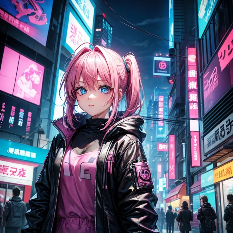 Cyberpunk town、A girl with pink hair and light blue eyes