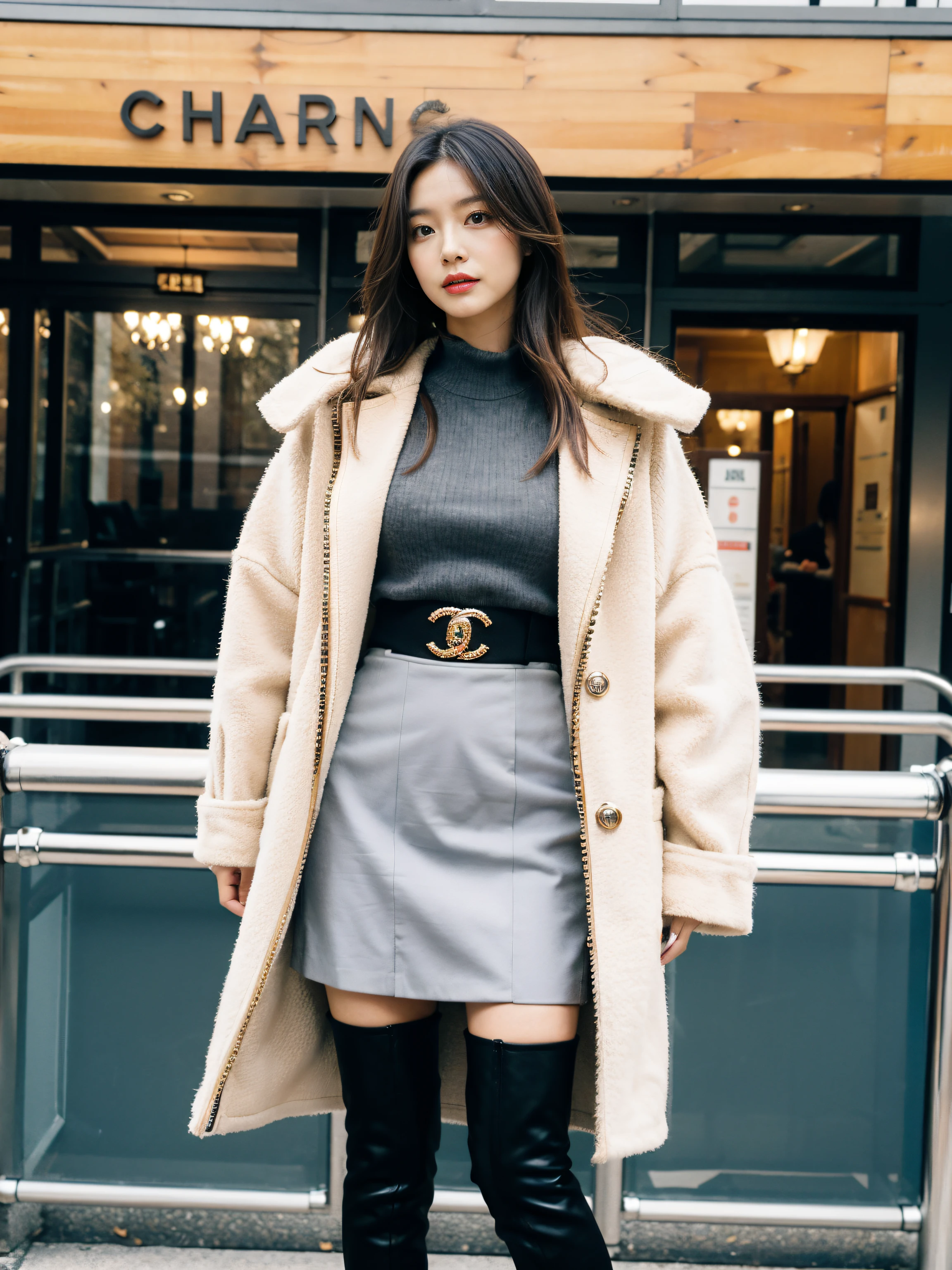 Best quality at best,tmasterpiece,超高分辨率,(actual:1.4),RAW photogr,hyper HD,8K,There is one girl,Stylish clothes,Chanel style,Stylish skinny suit, wearing jacket and skirt,high-class fashion,ellegance, short skirt and a long jacket, tigh-high boots,Over-the-knee boots,Casual pose,legs long