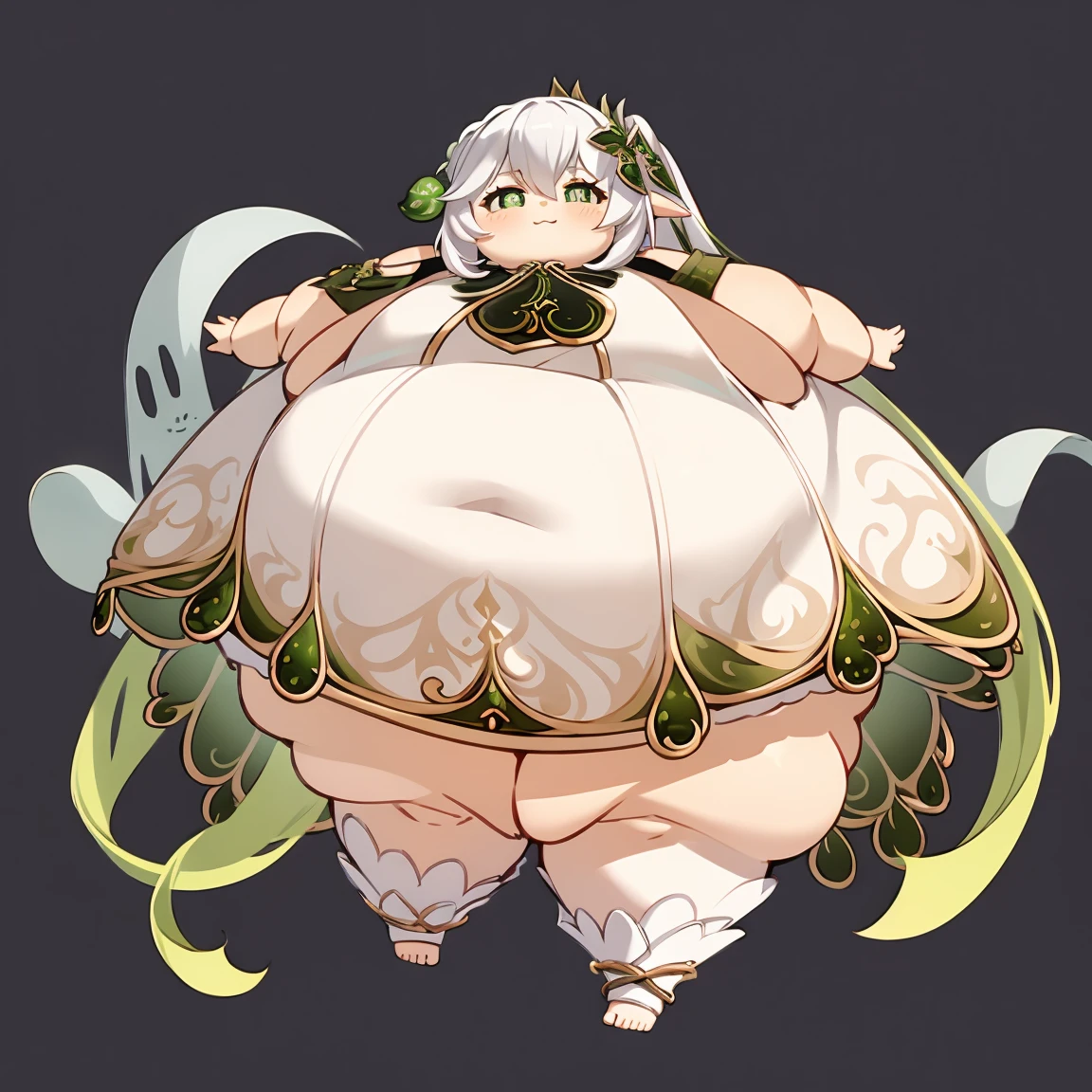 obese nahidadef, obese body, thick tighs, fat belly, big cheeks, fat arms, obese arms, happy, chibi, full body, white background, solidbackground, simple background, high details, UHD