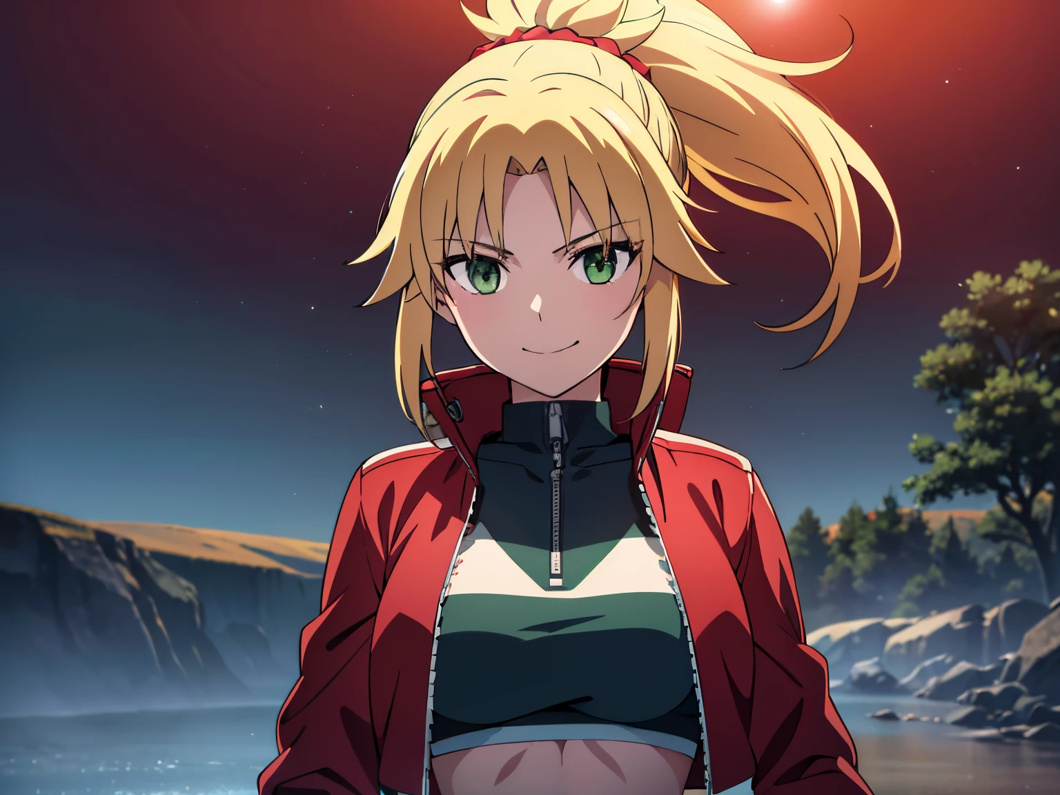 incomparable masterpiece, ultra 8k CG, perfect art, modred, (green eyes:1.5), blonde hair, ponytail, short hair, scrunchie, red scrunchie, hair scrunchie, denim, denim shorts, jacket, midriff, navel, red jacket, short shorts, shorts, tube top, black line white top, high res, ultrasharp, 8K, ultra high resolution, beautiful detailed eyes, hyper-extreme details, best quality, perfect illustration, an extremely delicate and beautiful, extremely detailed, CG, 8k wallpaper, amazing, finely detailed, official art, huge file size, ultra detailed, extremely detailed, beautiful detailed girl, extremely detailed eyes and face, smiling, sunset background, hill background