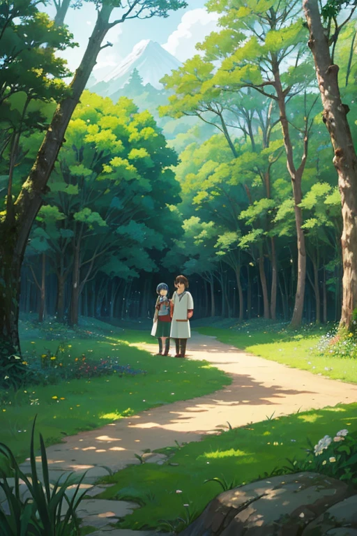 一个boy and girl with a dog in a forest in an anime scene, the anime world of Boromir, Boromir in the 80s, lush forest in an 8k resolution, a screenshot from Studio Ghibli, Studio Ghibli's anime style, Ghibli's Nausicaä of the Valley of the Wind, Ghibli's artistic style, cinematic, Ghibli's studio style, Ghibli's artistic studio style, the style of Ghibli animations.