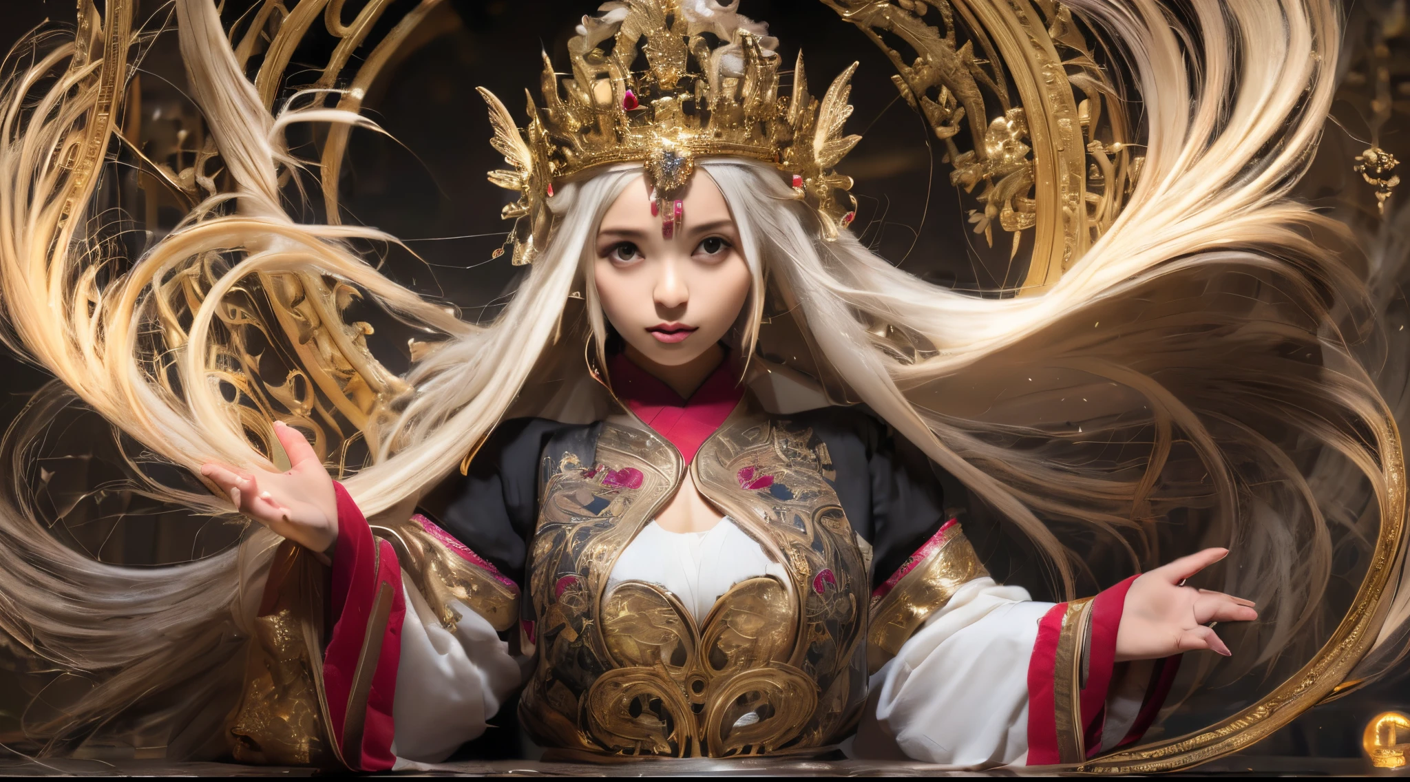 girl in a white dress with a long flowing dress, onmyoji detailed art, onmyoji, goddess, fantasy illustration, a beautiful fantasy empress, onmyoji portrait, ((a beautiful fantasy empreseautiful celestial mage, fantasy artwork, flowing hair and long robes, albedo from the anime overlord, queen and ruler of the universe, (gigantic breasts:1.1),