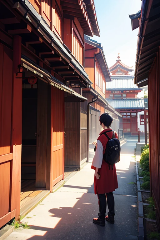 Anime scene of a man standing in front of a red building, Inari Shrine, shrines, A Japanese shrine, japanese temples, anime scene, japanese temples, a temple background, a temple, Kuro anime screenshots, in style of kyoto animation, in front of a temple, beautiful anime scenes, Anime background art, Colorful anime movie background, near a japanese shrine